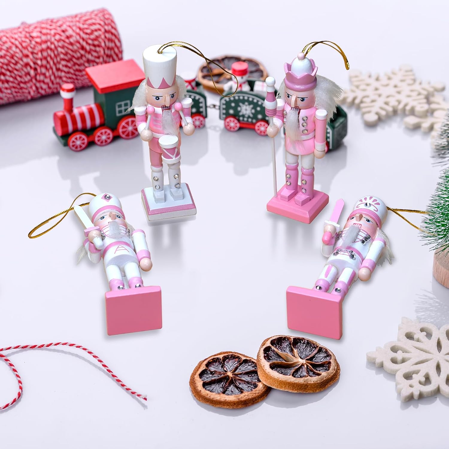 Christmas Nutcracker Ornaments 8-Piece Decoration Set, 5-Inch Handcrafted Wooden Soldiers in Pink & Pastel Color, Hangable for Xmas Tree or Tabletop Display