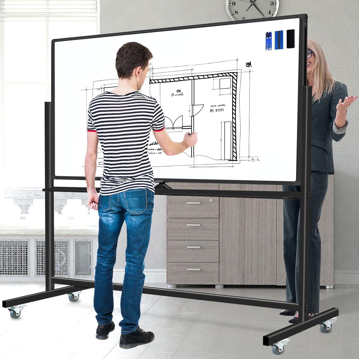 Rolling White Board on Wheels 72 X 40, Double-Sided Magnetic Large Rolling Whiteboard Dry Erase Board with Stand, Mobile Standing Whiteboard for Office, Classroom & Home
