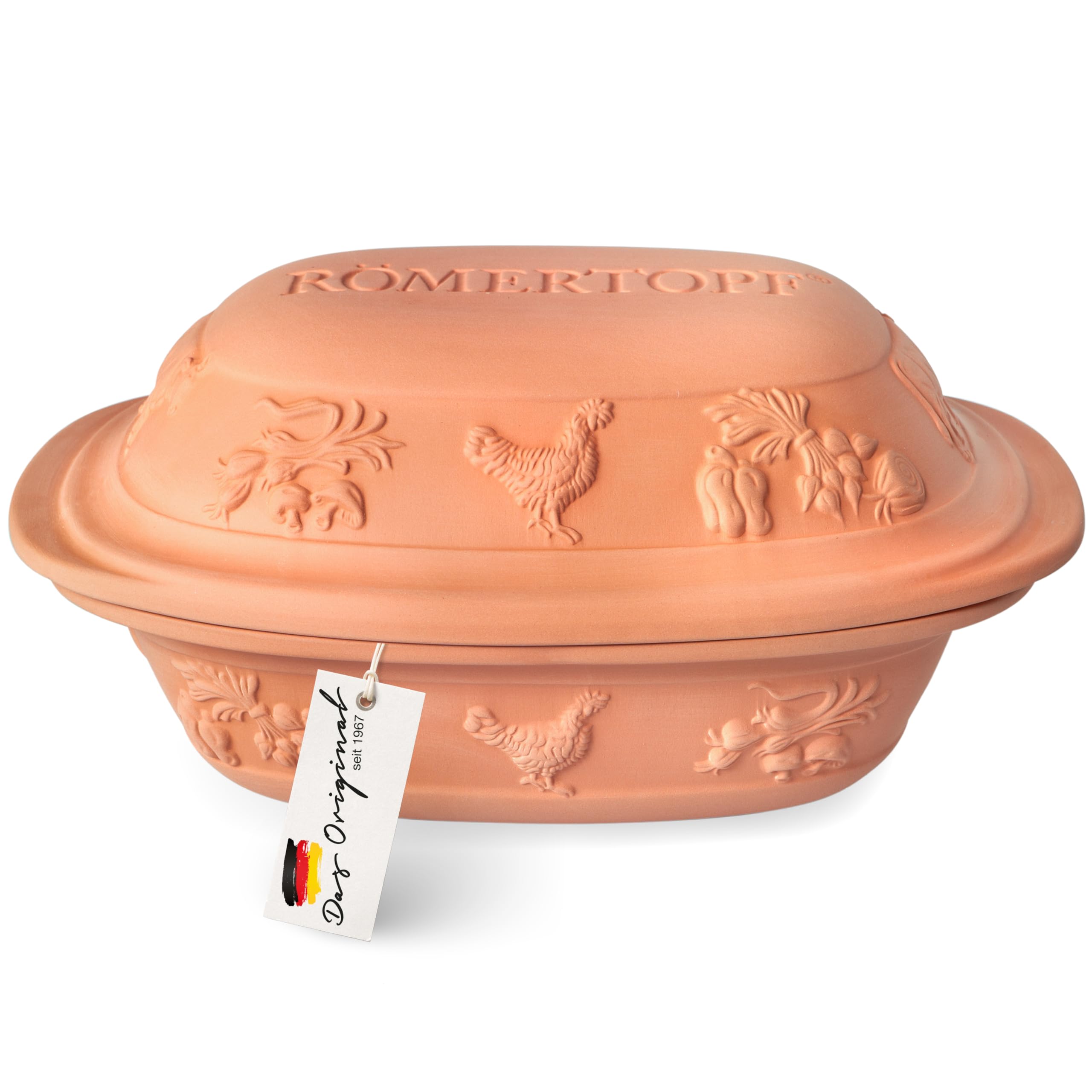Römertopf Rustico Cocotte Non émaillée en Argile Naturelle 3 l env. 33,5 x 25 x 18 cm Cuisson sans Graisse pour jusqu'à 4 Personnes Passe au Four et au Micro-Ondes Passe au Lave-Vaisselle Römertopf