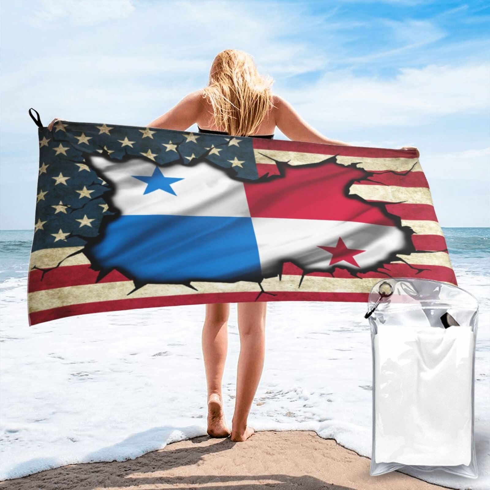 HACXZ Vintage America Flag and Panama Flag Absorbent Beach Towel Microfiber Beach Towel Lightweight 31.5"X63"