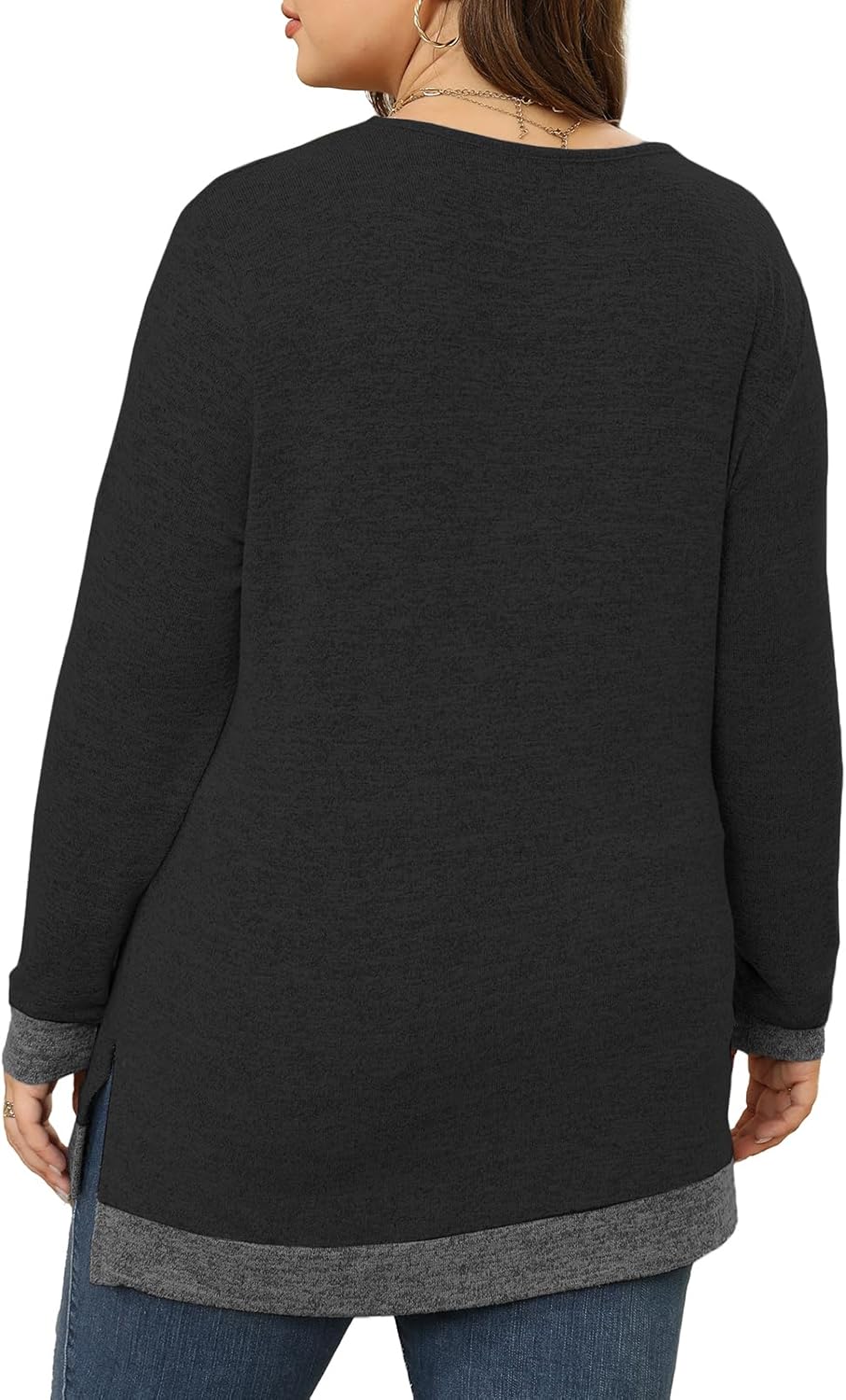 VISLILY Womens-Plus-Size-Tops Lace Trim V Neck Shirts Long Sleeve Sweatshirts Color Block Side Split Hem Tunics XL-5XL - Image 2