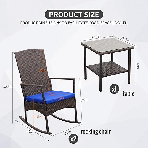 Miniatura 2 de Mecedora de mimbre de polietileno para exteriores juego de 3 piezas de bistró de ratán para patio 2 butacas mecedoras y muebles de mesa auxiliar de