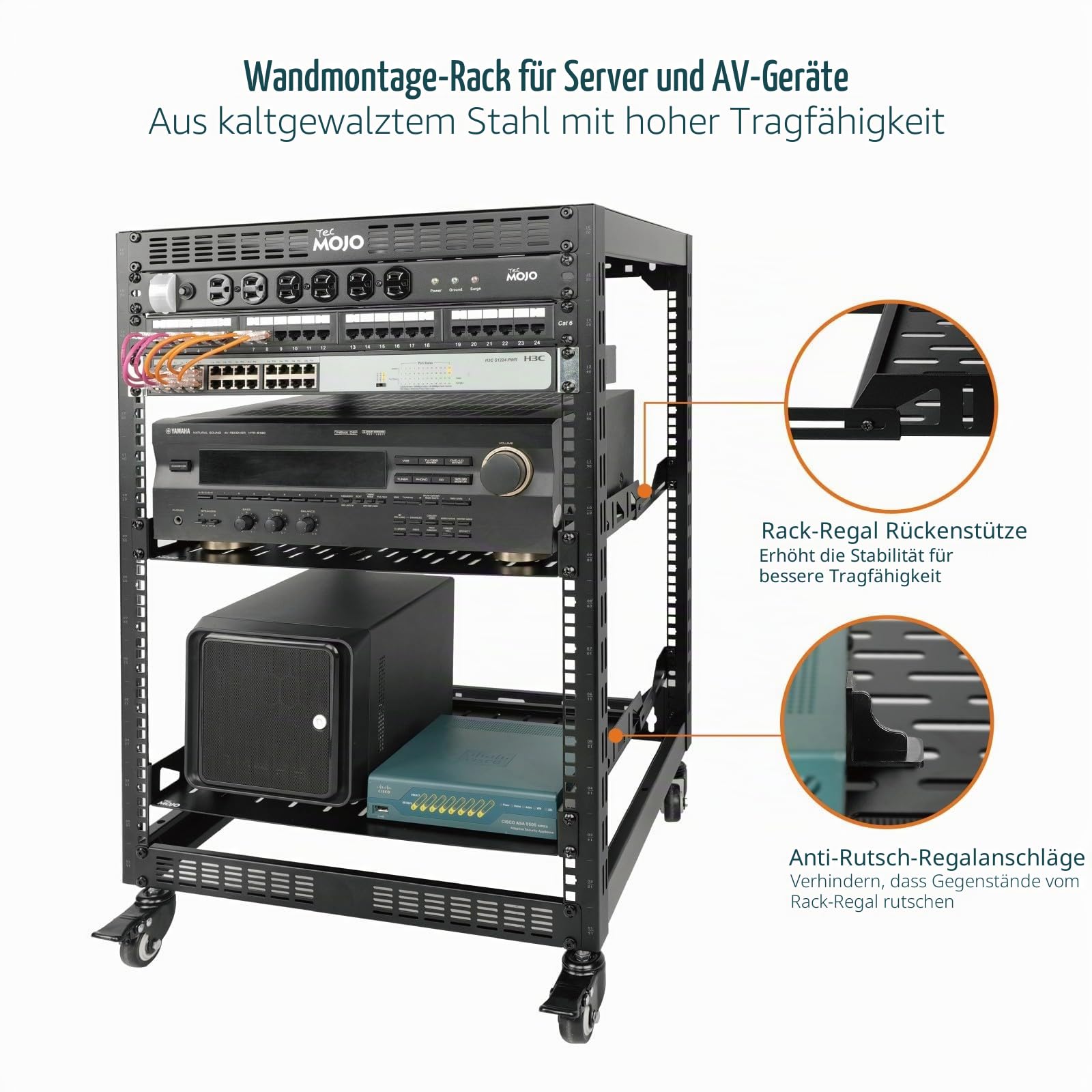 Tecmojo 16U Open Frame Netzwerk-Rack für Server und AV-Ausrüstung, mobiles Server-Rack mit 4 Pfosten mit Rollen, mit 2 Stück 1U-Regal und Montagematerial, AV-Rack für 48,3 cm Netzwerk-, Server- und