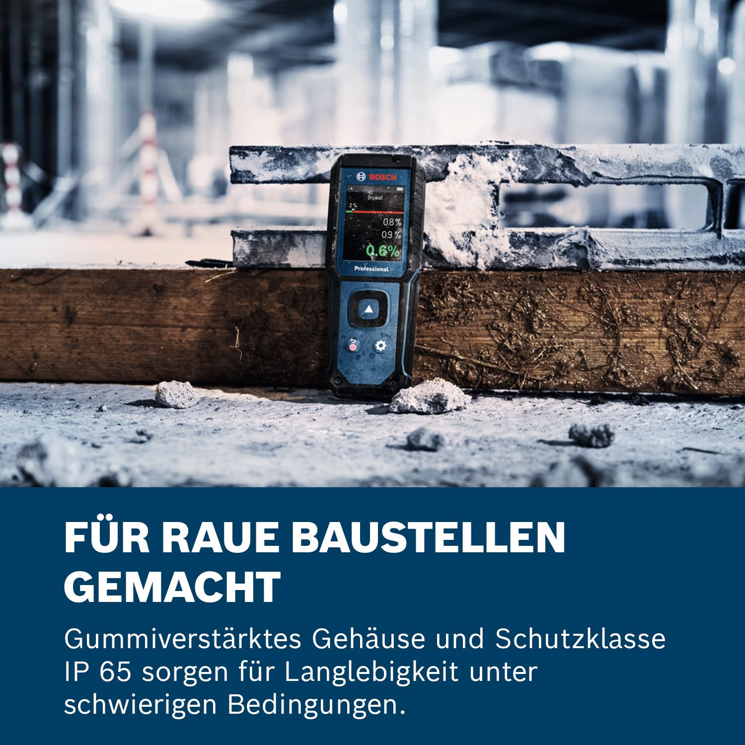 Bosch Professional Feuchtemessgerät GMM 1-15 (nicht-invasiv, misst 37 Holzarten und 10 Baustoffe, Schutzklasse IP 65, 2x AA-Batterie, Tasche)