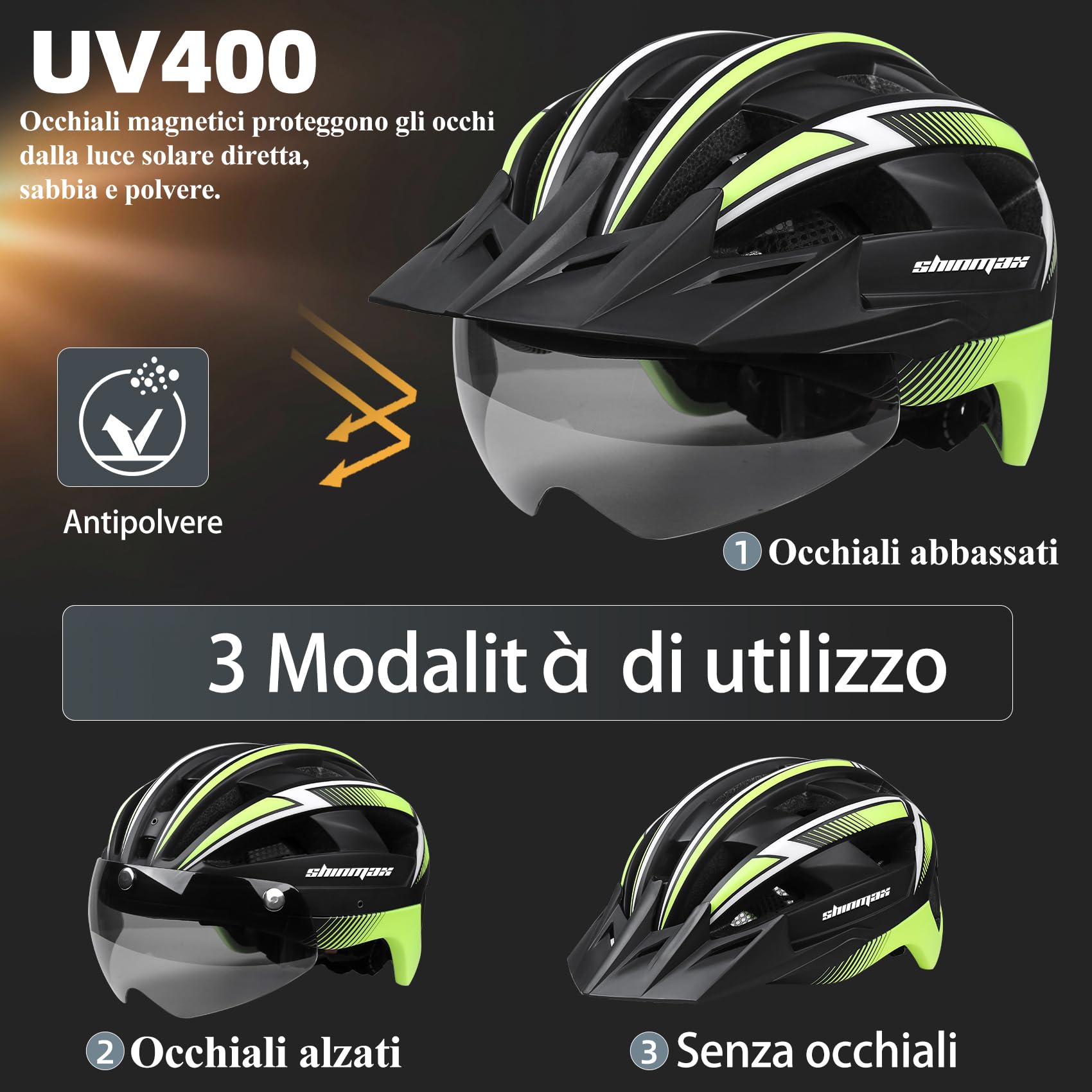 Shinmax Casco Bici Uomo Donna Casco MTB con LED USB Ricaricabile Luce Casco Bici Adulti con Visiera Rimovibile Magnetica Occhiali Casco Ciclismo Unisex Caschi Bicicletta 57-62cm NR-032