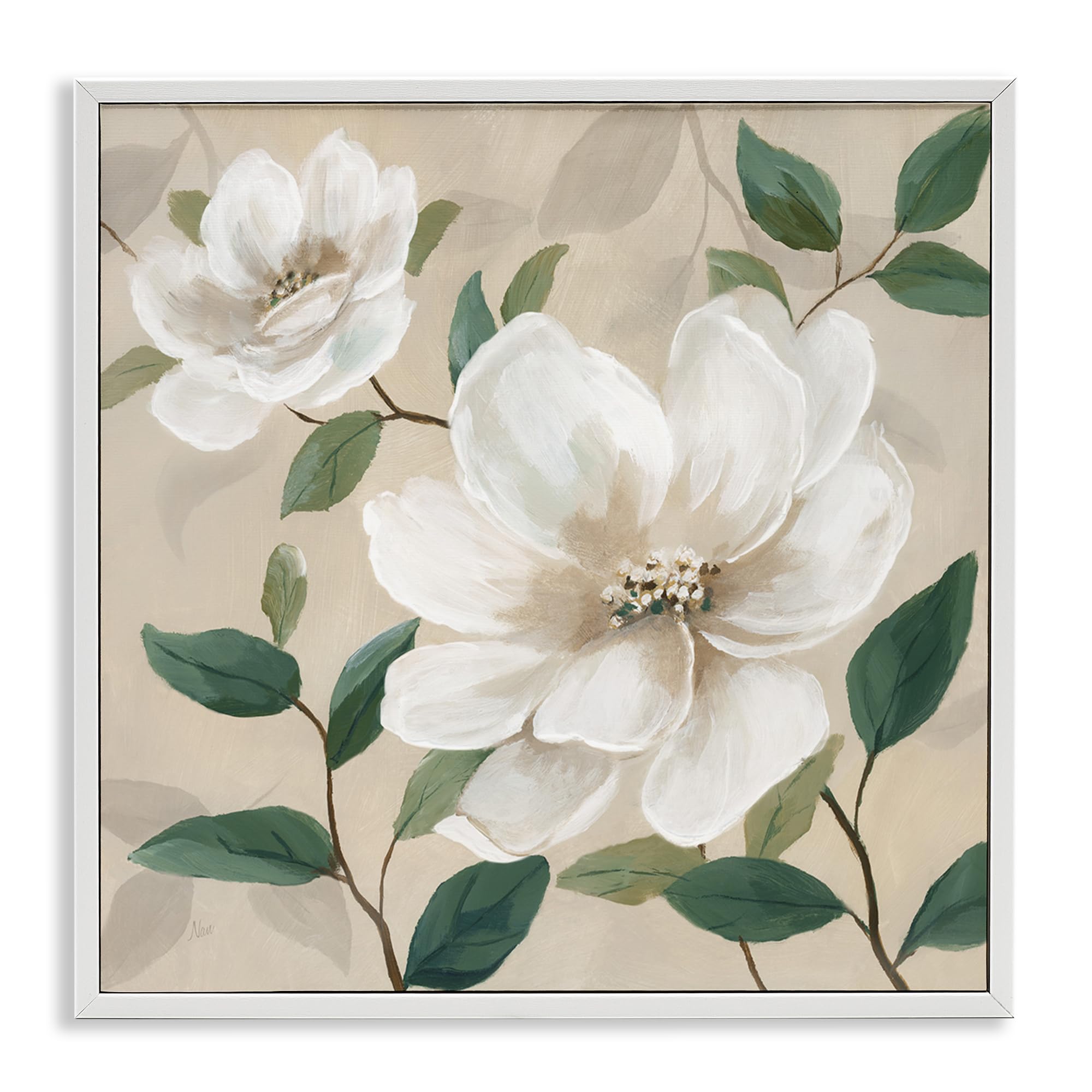 'Serene White Blossom with Leaves'| Framed Giclee Art