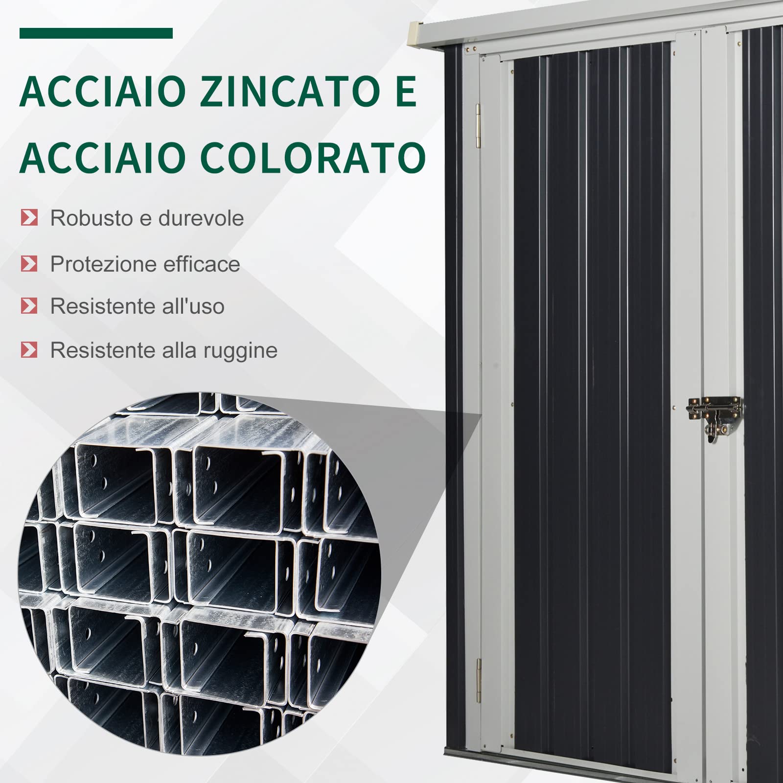 Outsunny Casetta da Giardino in Lamiera di Acciaio, Capanno a Doppia Porta con Sistema di Blocco, 147x86x134cm, Nero e Bianco