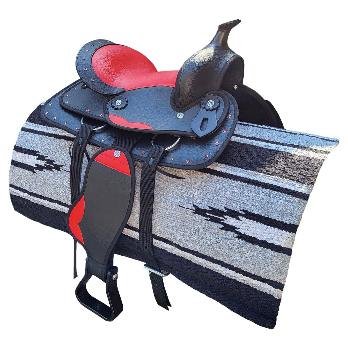 Brama West Kinder Westernsattel Little Cowboy mit Decke | Kindersattel mit Strasssteinen & Steigbügel | ideal für Holzpferd & Pony | Schwarz/Rot