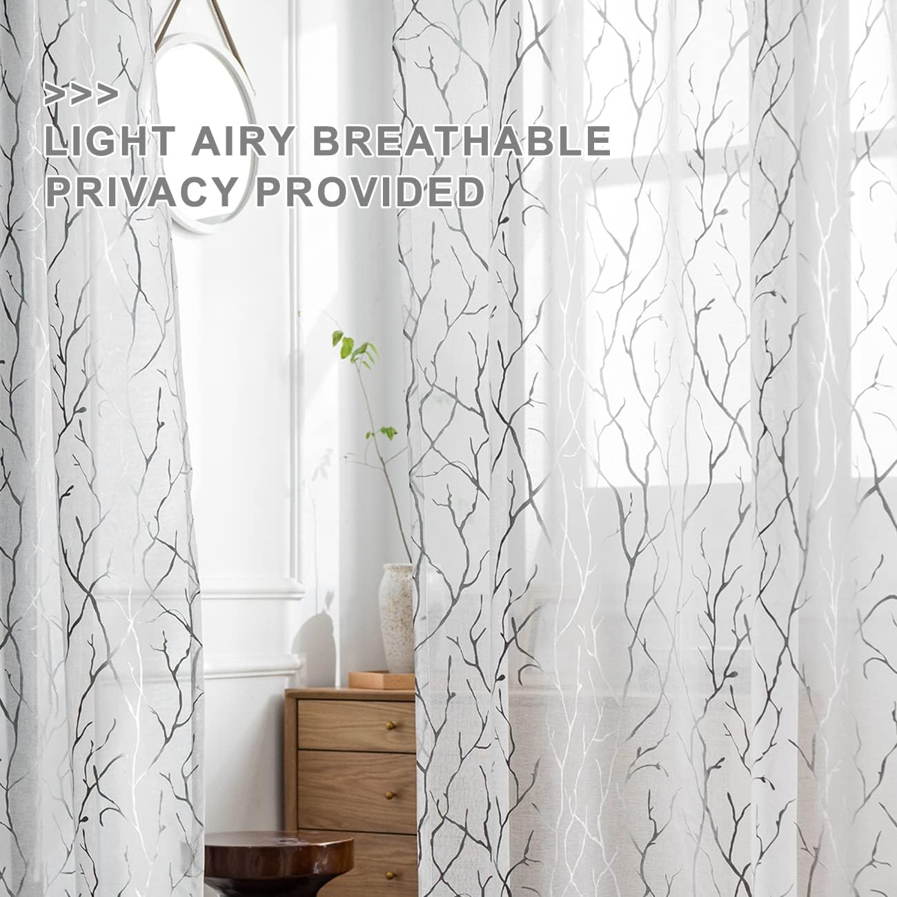 FINECITY Tree Curtains for Living Room - White Sheer Curtains 72 Inches Long Silver Foil Tree Branch Design Print Curtain 2 Panels for Bedroom, 52 x 72 Inch, 1 Pair, Silver and White