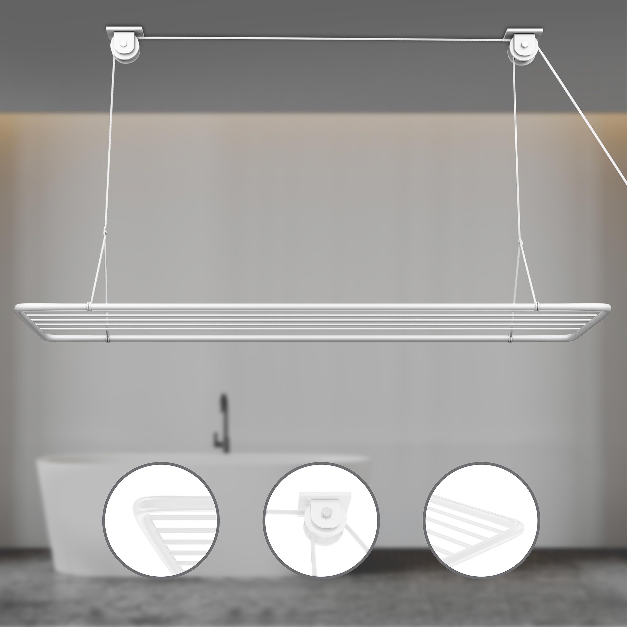 Erica Wäscheständer Decke 140x50cm, Platzsparend mit 11,2m Trocknungsfläche, Vertikal zusammenklappbar 2,5m, Deckenwäschetrockner aus Metall, Weiß