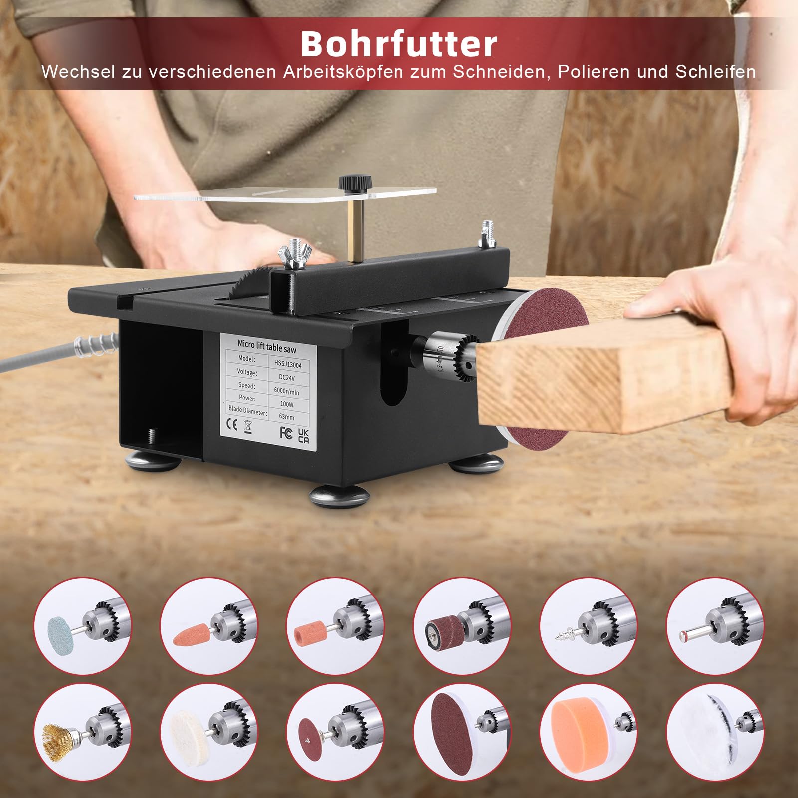 Mini tischkreissäge,100W mini kreissäge mit 4 Klingen,0,1-16 mm Einstellbarer Sägeblatthöhe,7-Gang-Drehzahlregelung,Multifunktionale tischsäge mit Flexwelle & Drehscheibe für Schleifen/Polieren/Bohrer