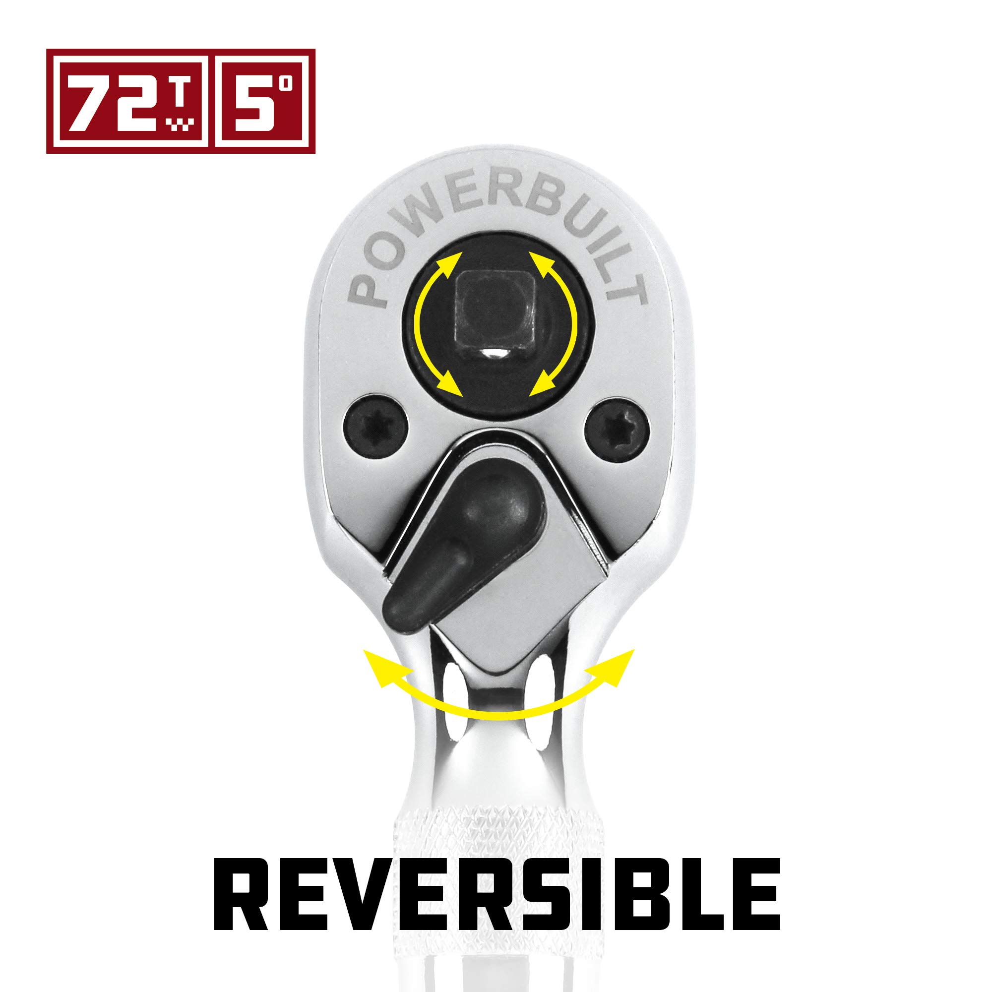Powerbuilt Stubby Ratchet, Dual Head Ratchet, 1/4 Inch and 3/8 Inch Drive, Reversible Switch, 72 Tooth, Small Tight Space - Image 4