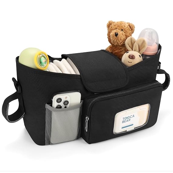 Accmor Universal Stroller Organizer with Insulated Cup Holder, Stroller Caddy Bag Accessories, Stroller Cup Holder Organizer for Uppababy Baby Jogger Britax Stroller, Black