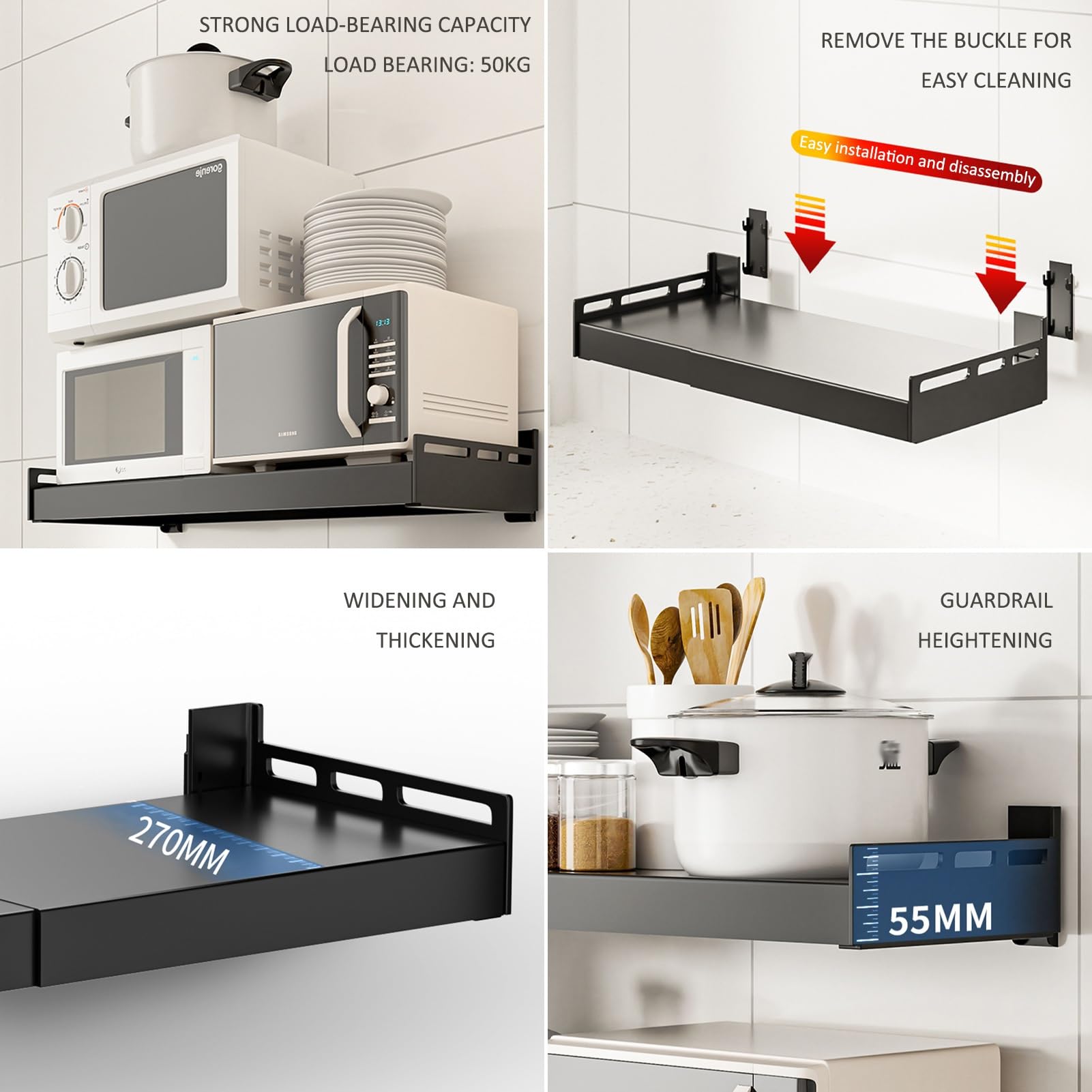 Magnetron Plank Wandmontage - Ruimtebesparende keukenopslagoplossing | Elektrische oven, pannenrek - geschikt voor muur en keuken, wandgemonteerd accessoire, wit, 50 cm
