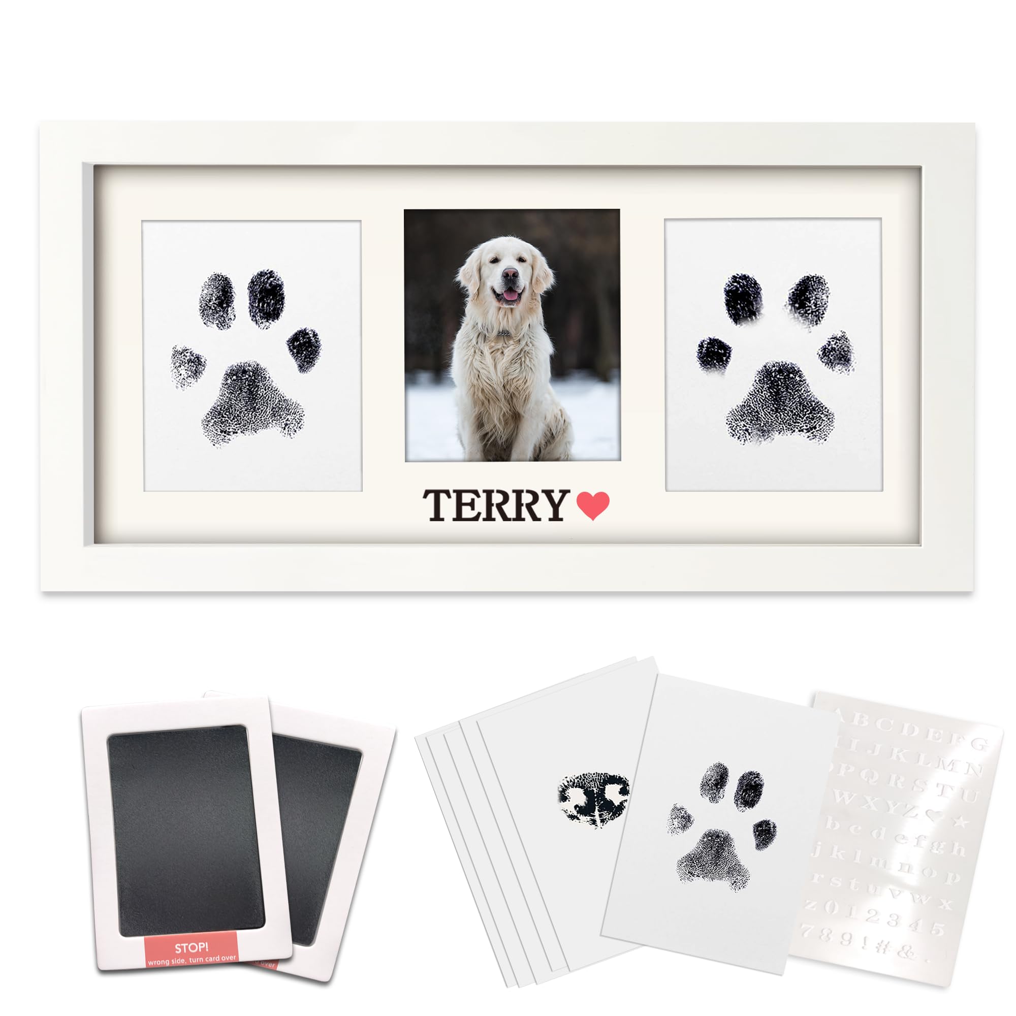 MYPAWLETS Paw Print Frame & Ink Pads Kit,Dog or Cat Paw Print Kit,2 No Mess Ink Pads for Pets,Paw Print Stamp Pad for Dogs,Wooden Pet Memorial Frame,