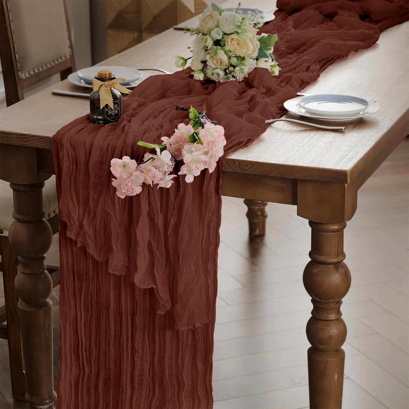 WAITER TREE Cheesecloth Cream Table Runner for Dining Table 90x300 cm - Boho Gauze Long Rustic Sheer Table Runners for Baby Bridal Shower Wedding Birthday Decorations - Terracotta