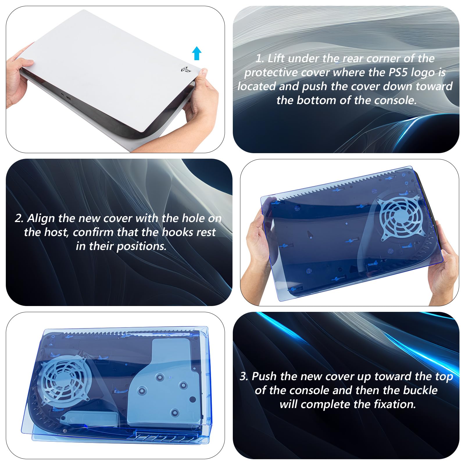 Geekria Placas de cubierta transparentes compatibles con PS5, PlayStation 5 Console Disc Edition, accesorios de repuesto para juegos con rejillas de ventilación (azul)