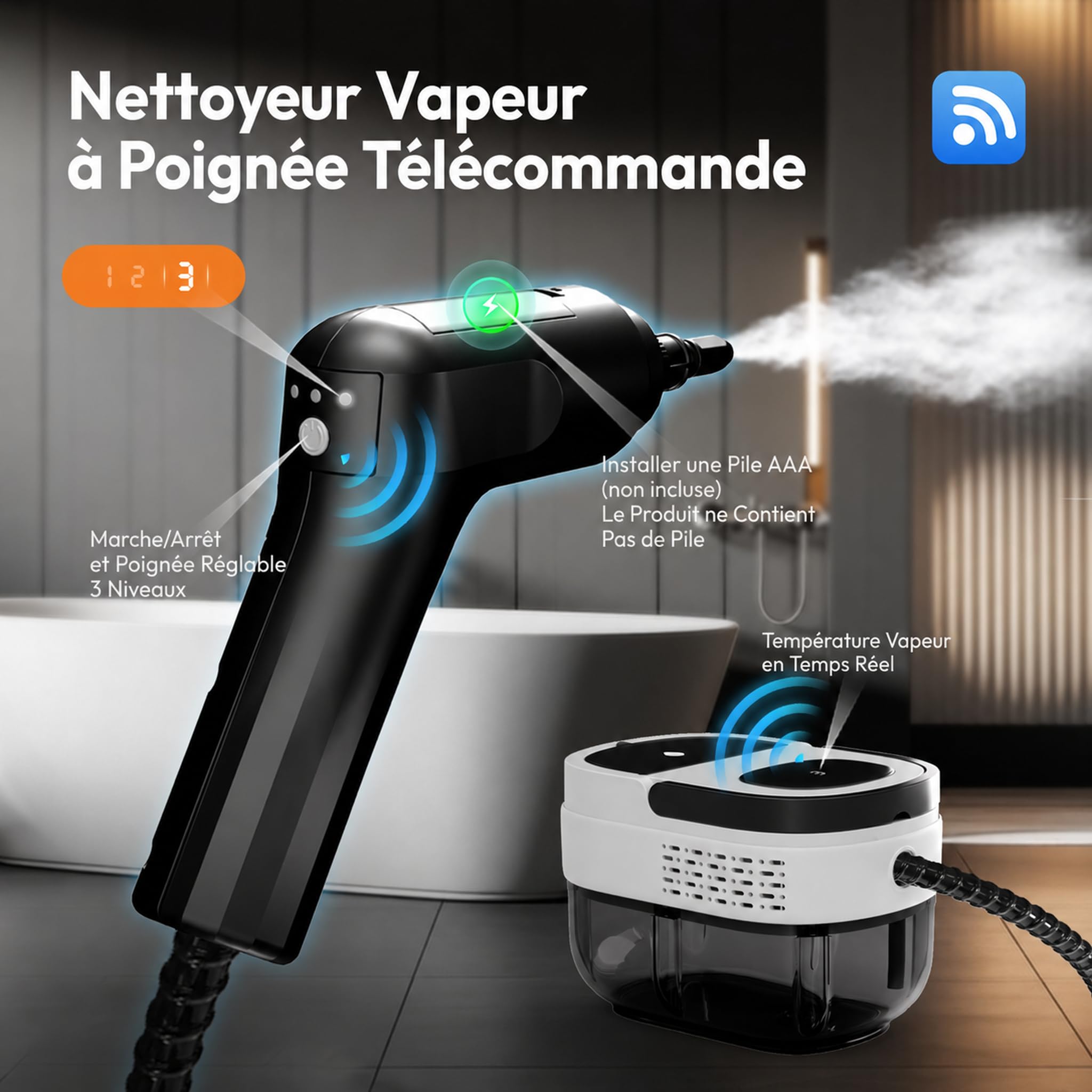 Nettoyeur Vapeur Portatif, Steam Cleaner pour La Maison, Multi-usage Steamer, Poignée Réglable 3 Niveaux, 1600ml Réservoir d'eau, Nettoyeur Vapeur à Main pour Fenêtres, Cuisine, Voiture, Salle de Bain