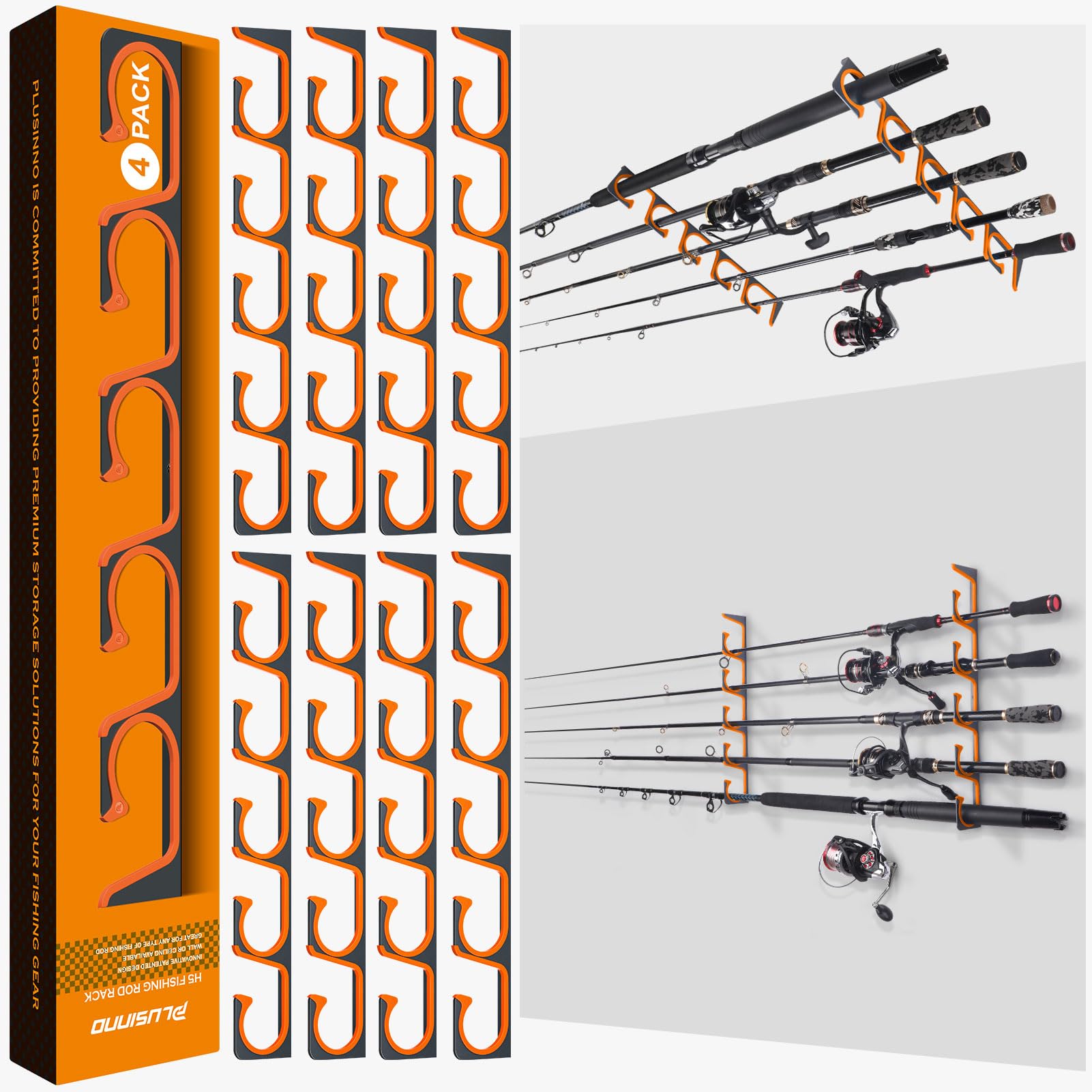 PLUSINNO H5 Horizontal Fishing Rod/Pole Holders for Garage, Wall Ceiling Mounted Fishing Rod Holder, Aviation Aluminum Fishing rod rack Holds up to 5/10/20 Rod or Combos Fishing Gear and Gifts for Men