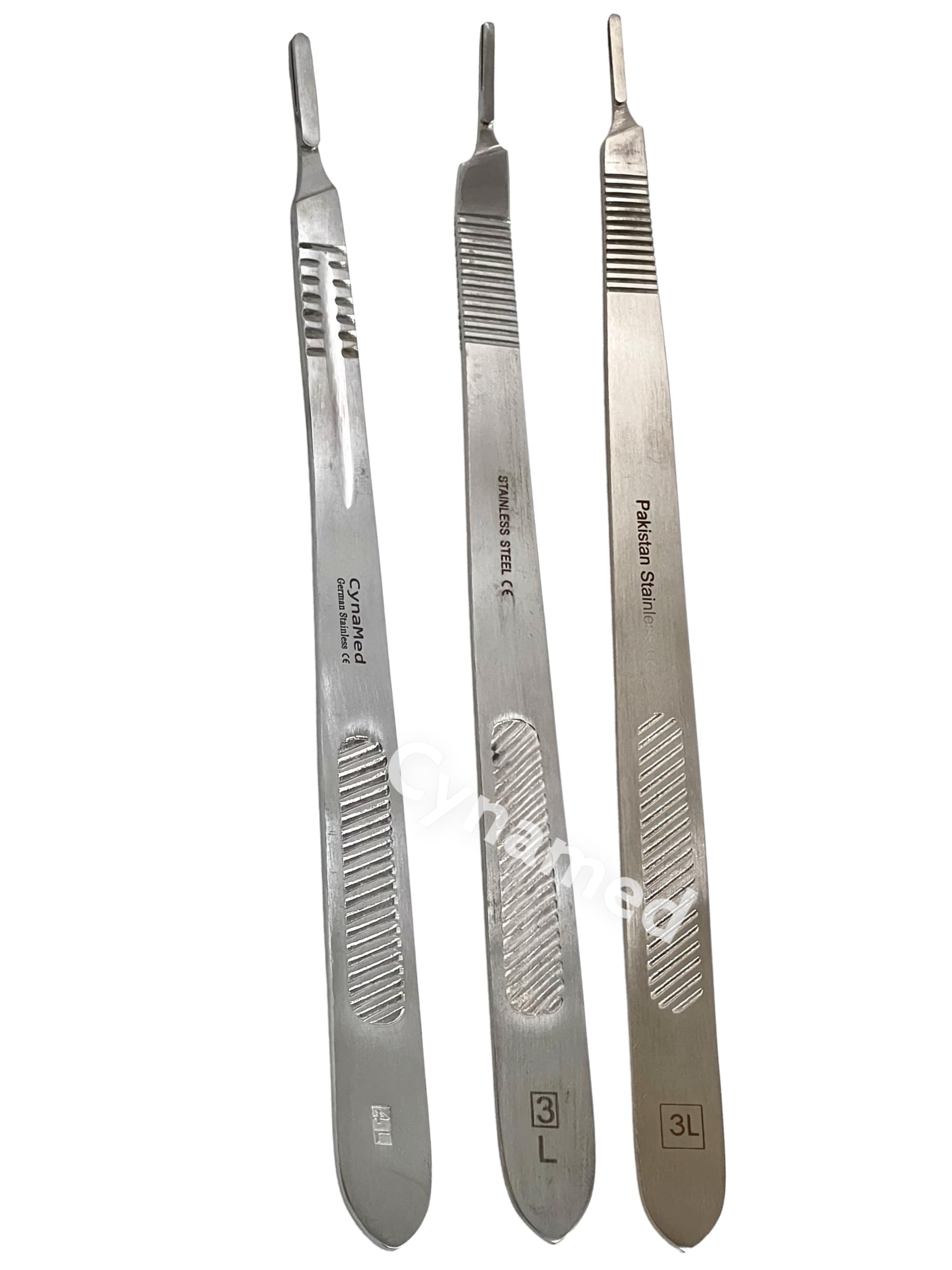Set of 3 - Scalpel Handle #3L + 4L + 3L Bent Flat Handle - Stainless Steel - Suitable for Blades #20 Series and 10 Series