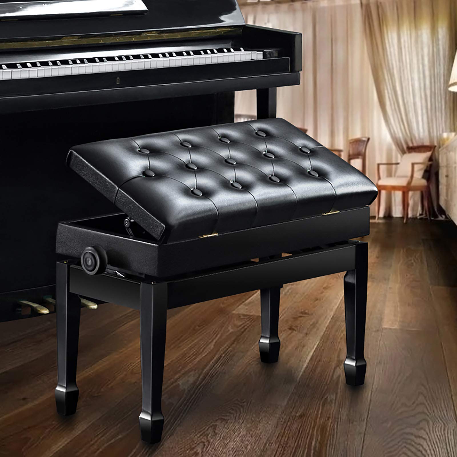 Tabouret de Piano Banc de Piano relevable Double Duo/Simple Tabouret de Piano Banc de Clavier Tabouret avec Hauteur réglable, siège rembourré en Cuir PU Compartiment de Rangement (Type 1 Personne)