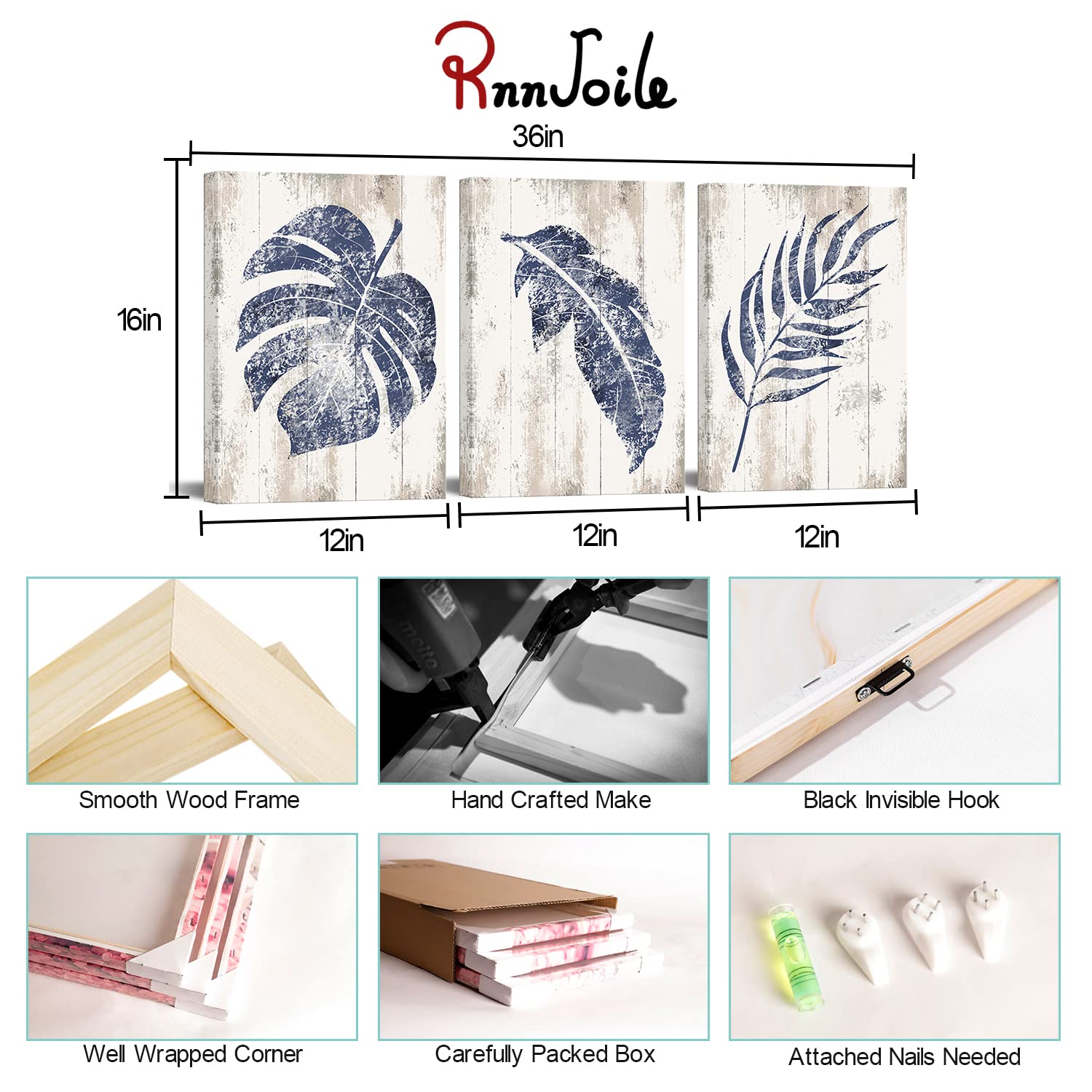 RnnJoile 3 Pieces Blue Wall Art Print Rustic Palm Plants Leaf Canvas Painting Decor Minimalist Botanical Pictures for Office Bedroom Living Room Framed Ready to Hang Eache Piece 12x16 Inch