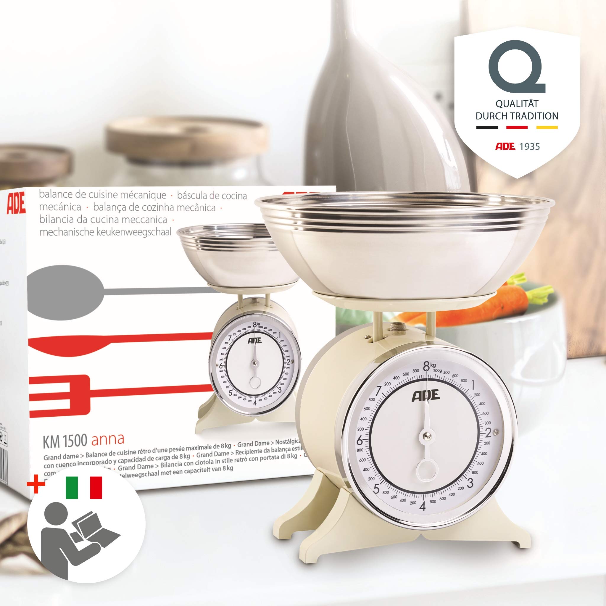 ADE Bilancia da cucina meccanica retrò 8 kg analogica con ciotola in acciaio inox bianco crema