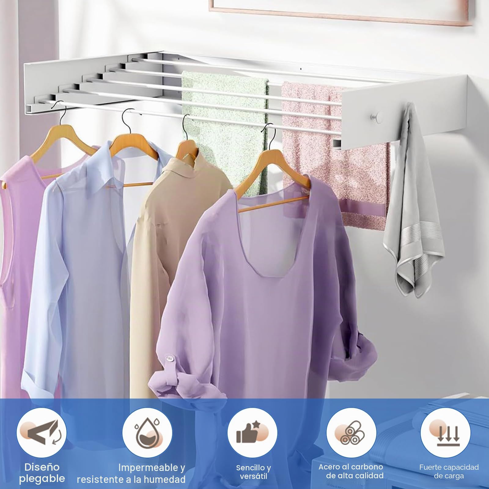 TWSOUL Tendedero de Pared, 60 cm, de Acero Inoxidable, Extensible, Plegable, con 6 Ganchos, Capacidad de Carga de 50 kg, para Interior o Exterior, balcón, terraza (60 cm)