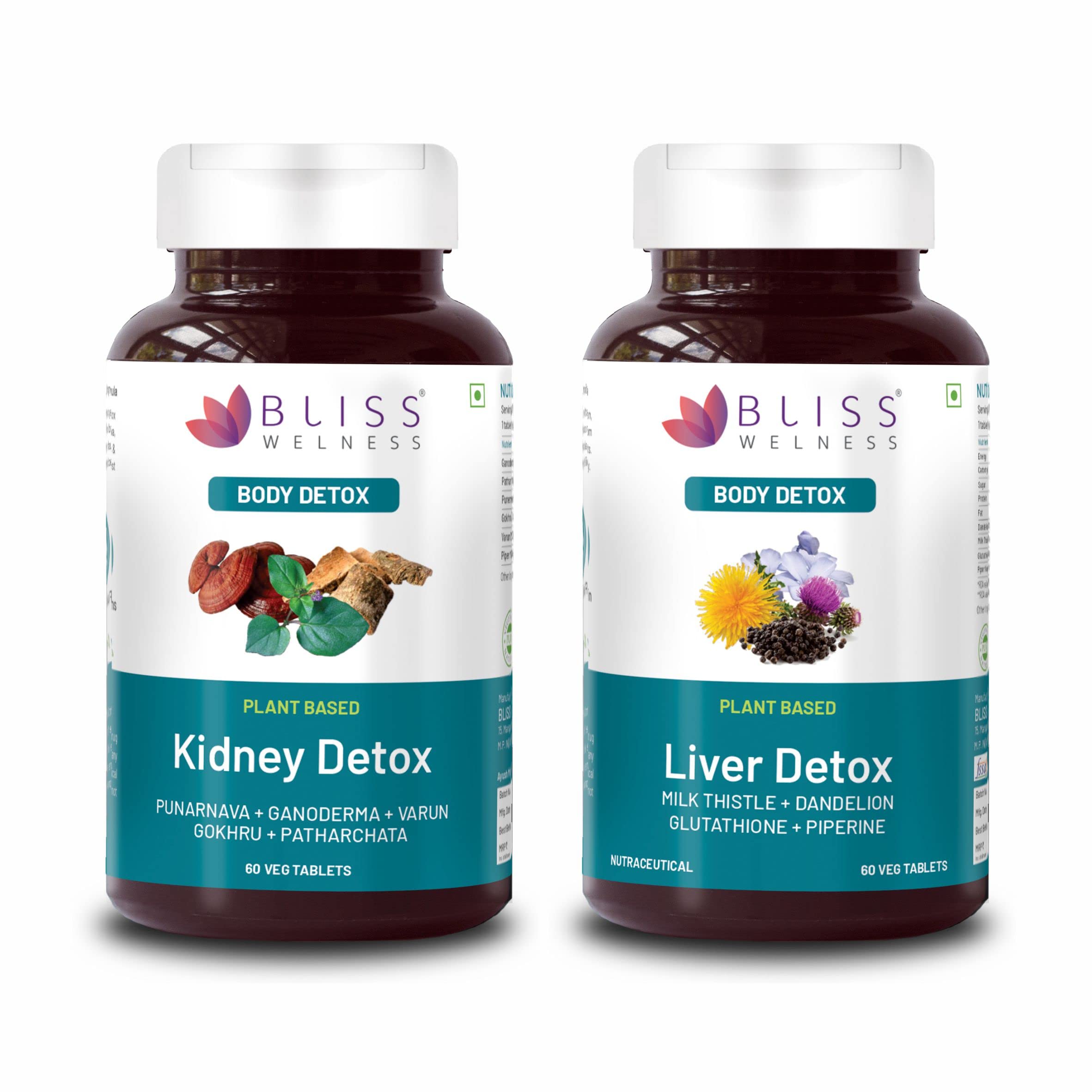 Bliss Welness Kidney Detox Cleanse Purifier, Gokhru Patharchata Ganoderma + Liver Detox Cleanse Purifier Milk Thistle Silymarin Dandelion Glutathione - 60+60 Veg Tablets (B0B3MYN494) Amazon Price History, Amazon Price Tracker