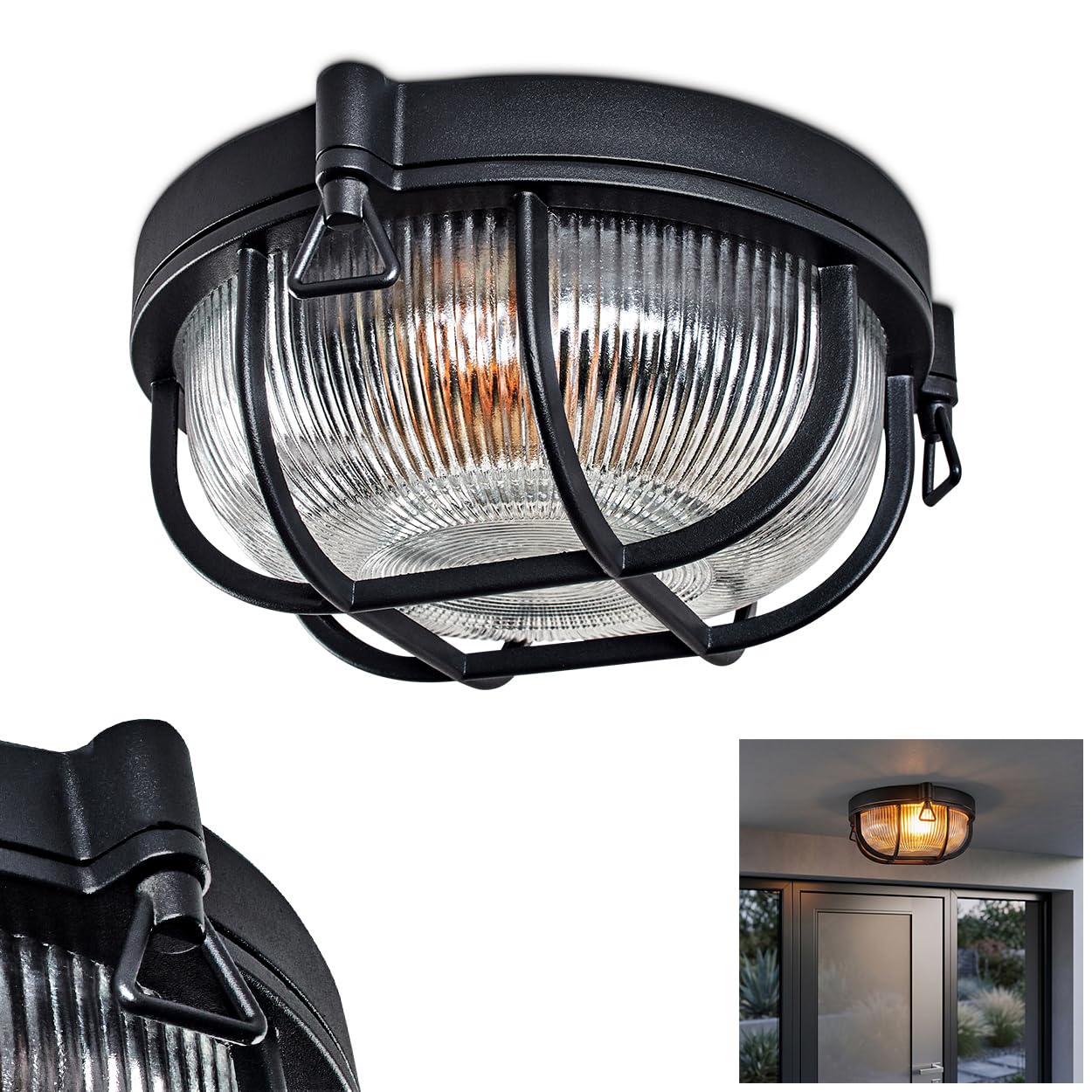 HOFSTEIN lampada da soffitto per esterni Godel, in metallo/vetro ondulato nero/trasparente, design industriale/retrò/vintage ingresso, balcone, terrazza, E27, IP44