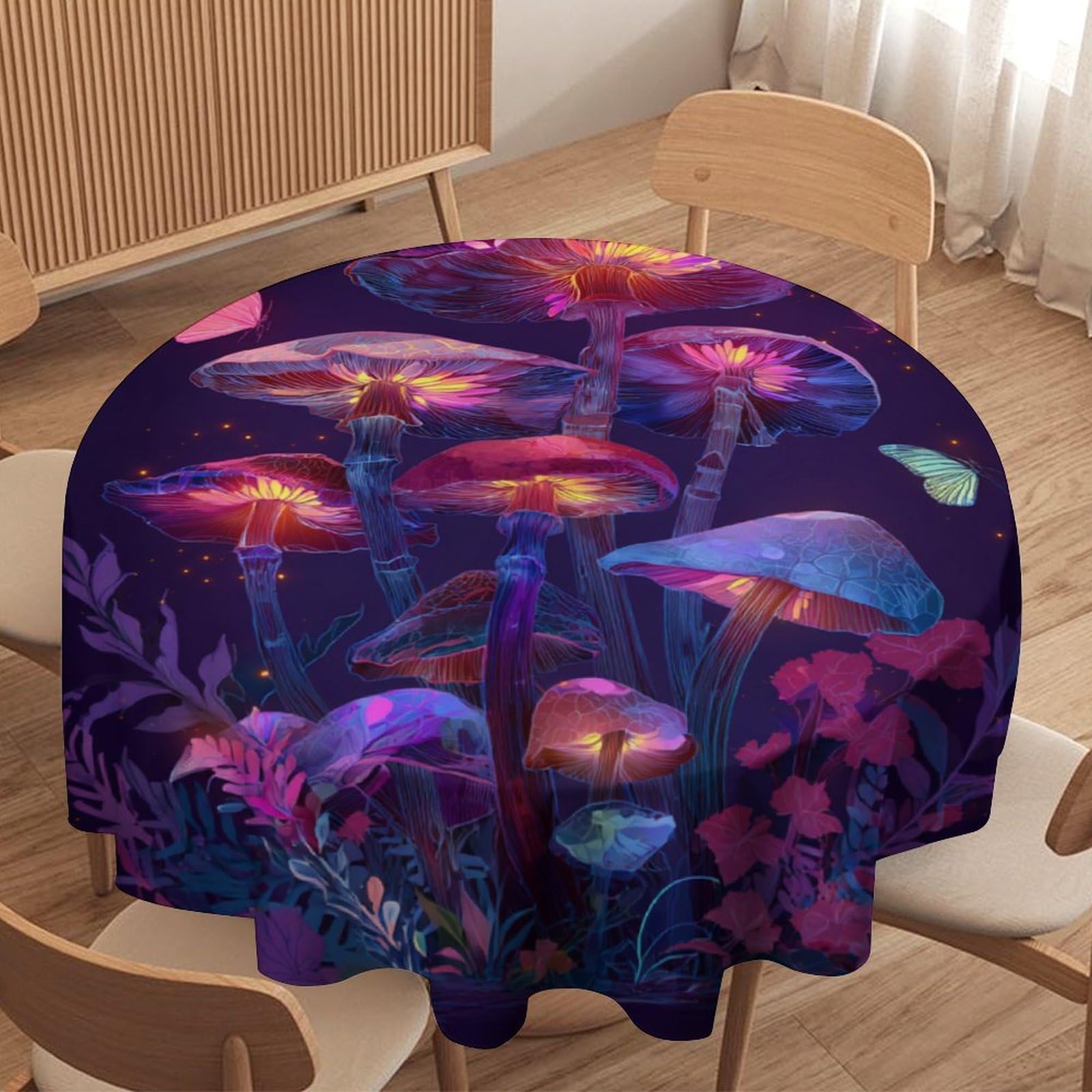 LUYYSKY Classic Realistic Mushroom Waterproof Round Tablecloth Natural Watercolor Boho Plant Mushroom Animal Butterflies Print Washable Table Cover for Kitchen-177.8" Wx177.8 L cm
