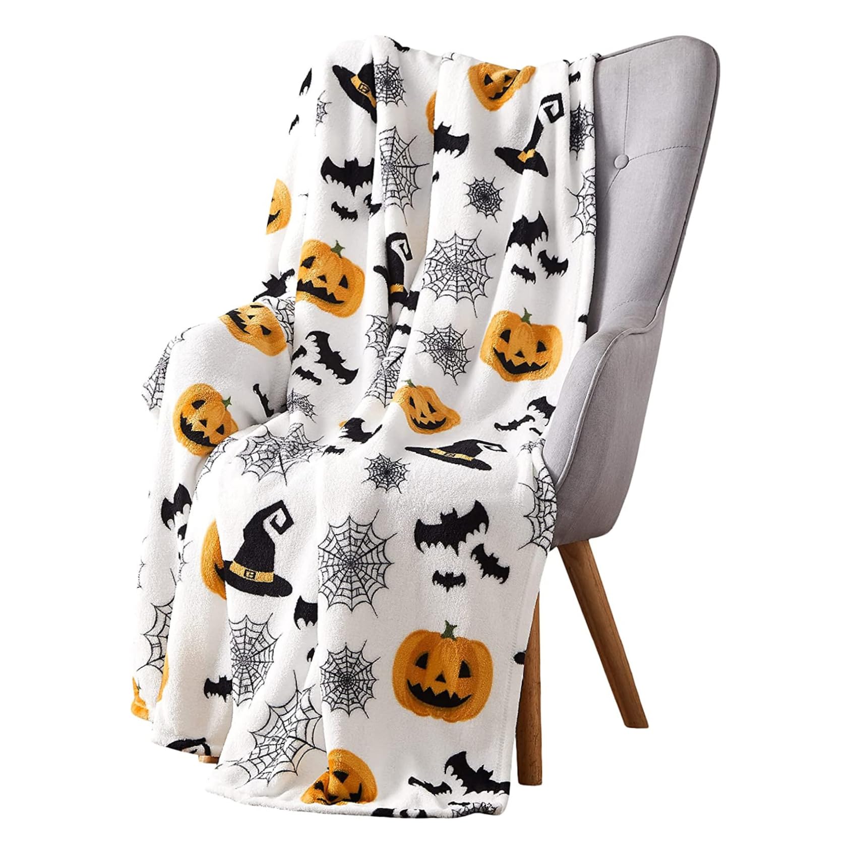 Ameble Halloween Throw Blankets 51.18x59.06 Inch Soft Fleece Throw Blanket with Spider Webs Witch's Hat Black Bats and Pumpkins Print Sofa Blankets for Halloween Home Decor