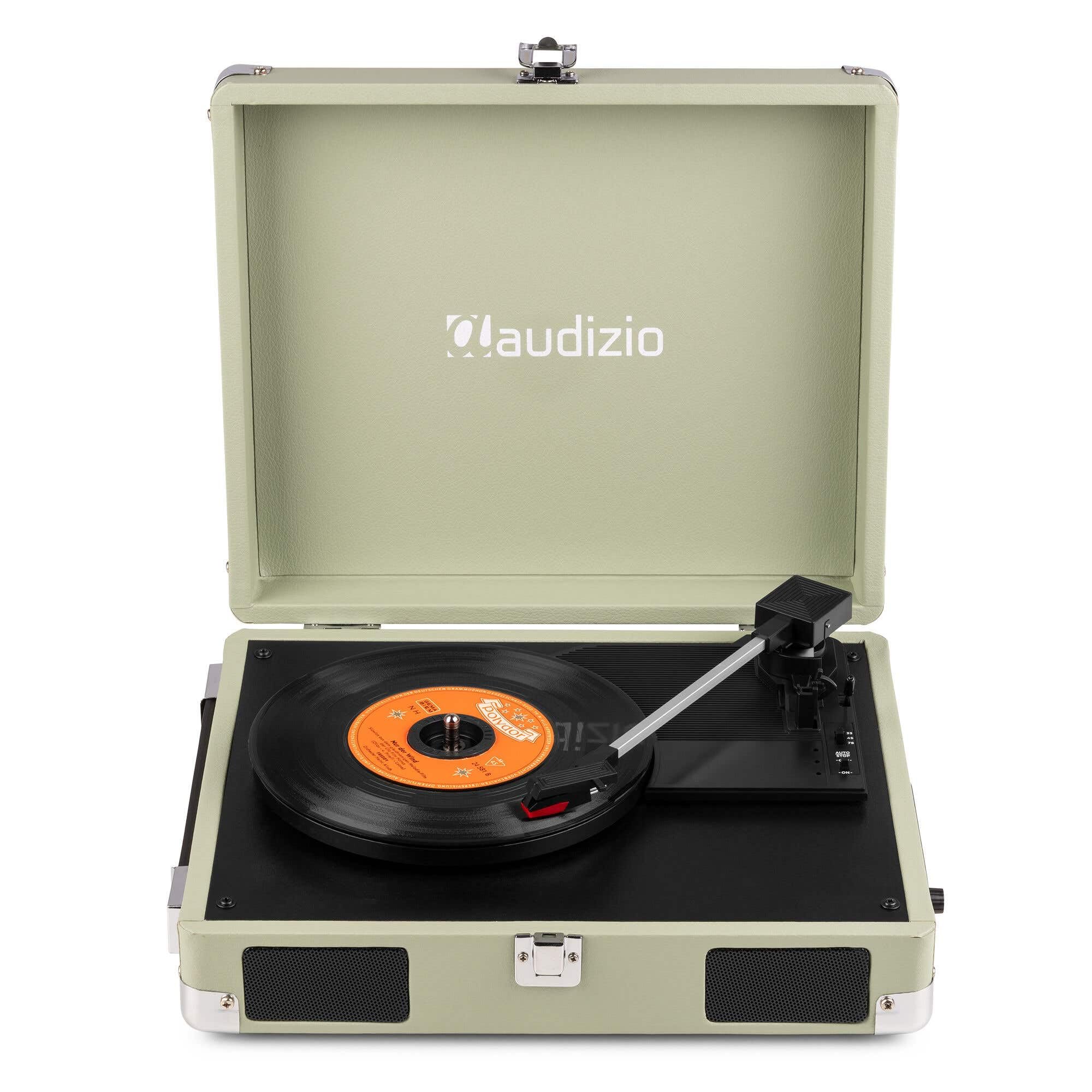 Audizio RP111W Platine Vinyle Valise Rétro Bois Vert avec Haut-Parleurs Intégrés, 3 Vitesses 33, 45, 78 Tours, Sortie RCA et Casque, Portable, Idéale pour Écouter Ses Vinyles Partout