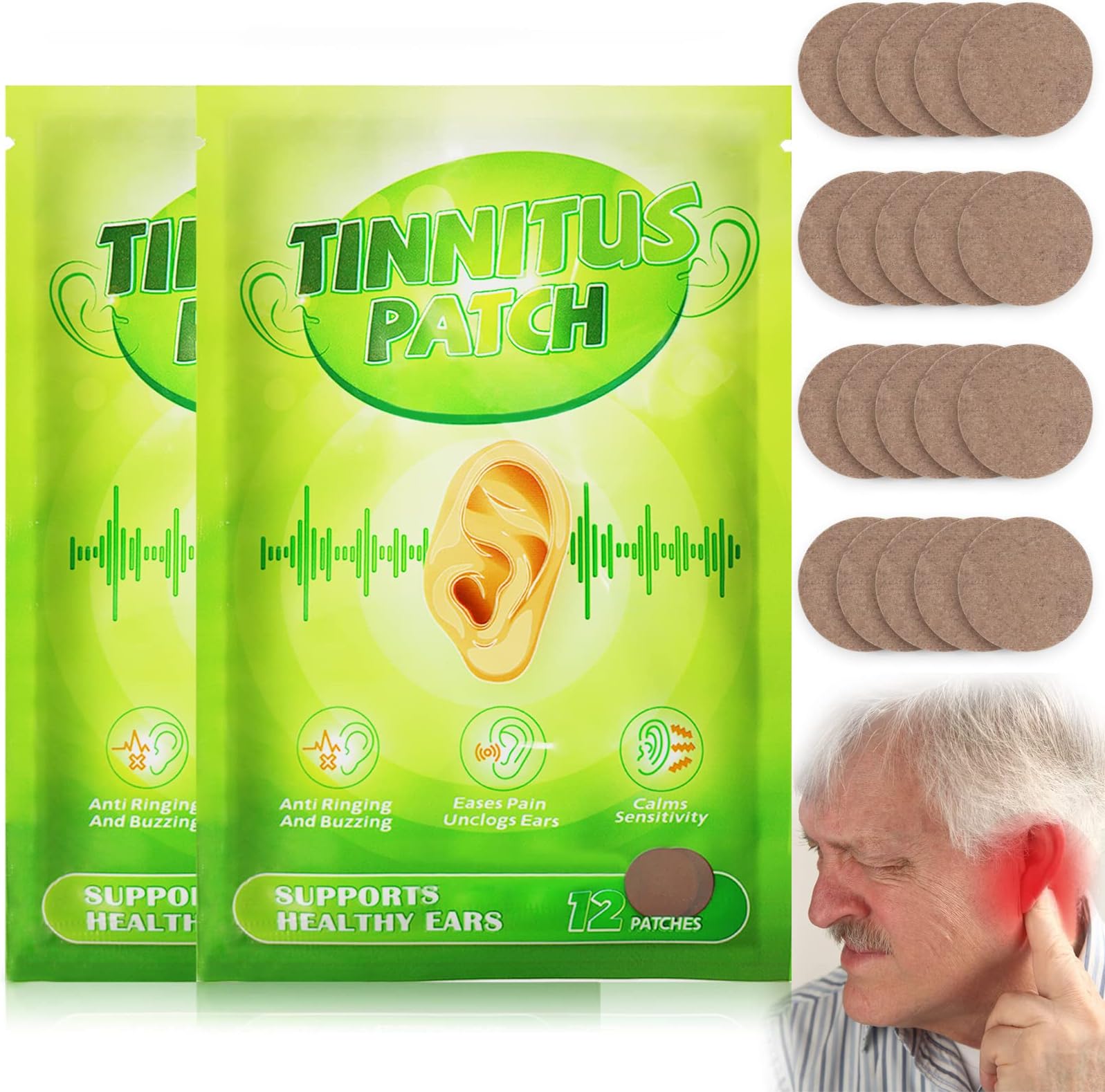 Relief Tinnitus Ear Patch, Wieat Herbal Ringing Ear Care Relief Patches, Ear Infection Treatment Plaster Health Care for Hearing Loss and Ear Pain Relief, Soothing Ear Pain, Itchiness(2 Pack, 24Pcs)