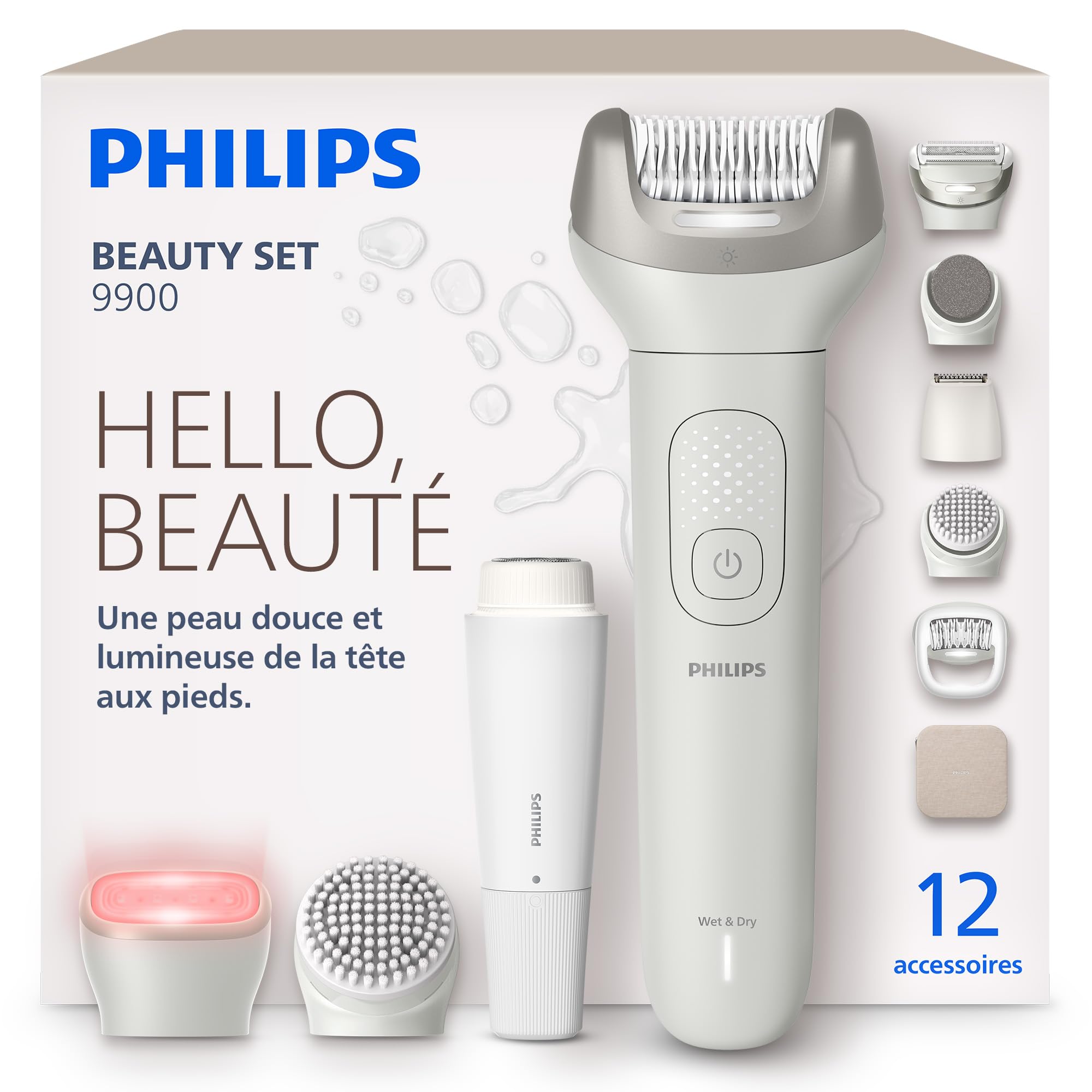 Philips Beauty Set – ensemble tout-en-un corps, visage, maillot et pieds, utilisation sans fil sur peau sèche ou humide, épilateur électrique, soin corps et peau, 12 accessoires, modèle BRE749/00