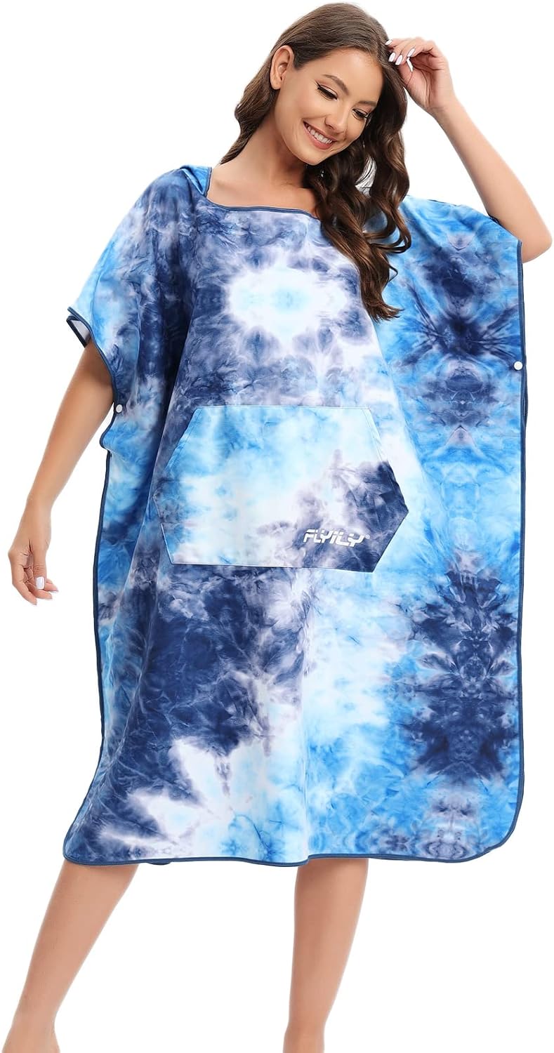 Beach Changing Towel Surf Poncho Robe Hooded Wetsuit Adjustable Sleeves Surfing Swimming Bathing(BlueTiedye,L)