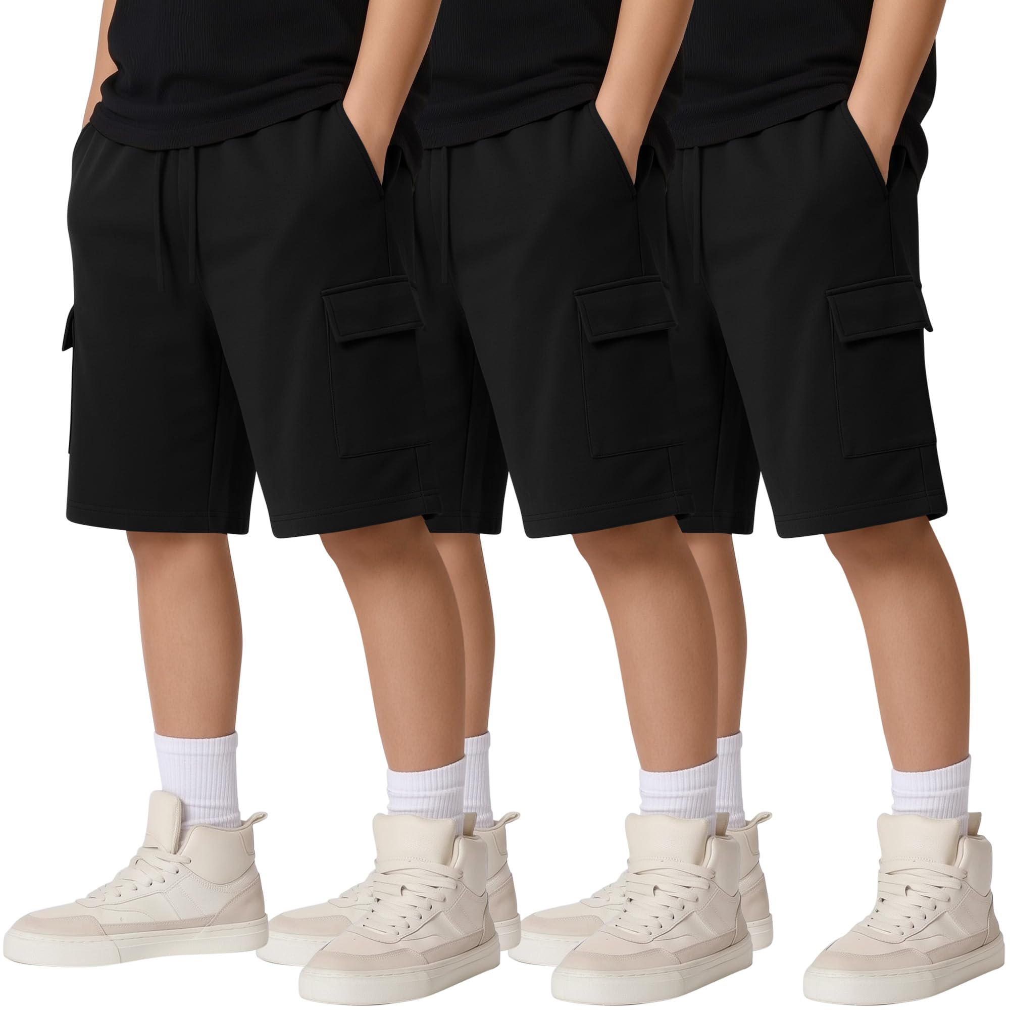 Mumucove 3 Pcs Boys Cargo Shorts with Pockets | Kids, Drawstring Waist, Multi Pocket, Athletic, Basketball, Lightweight, Breathable, Loose Fit, School, Outdoor, for 5-16Y