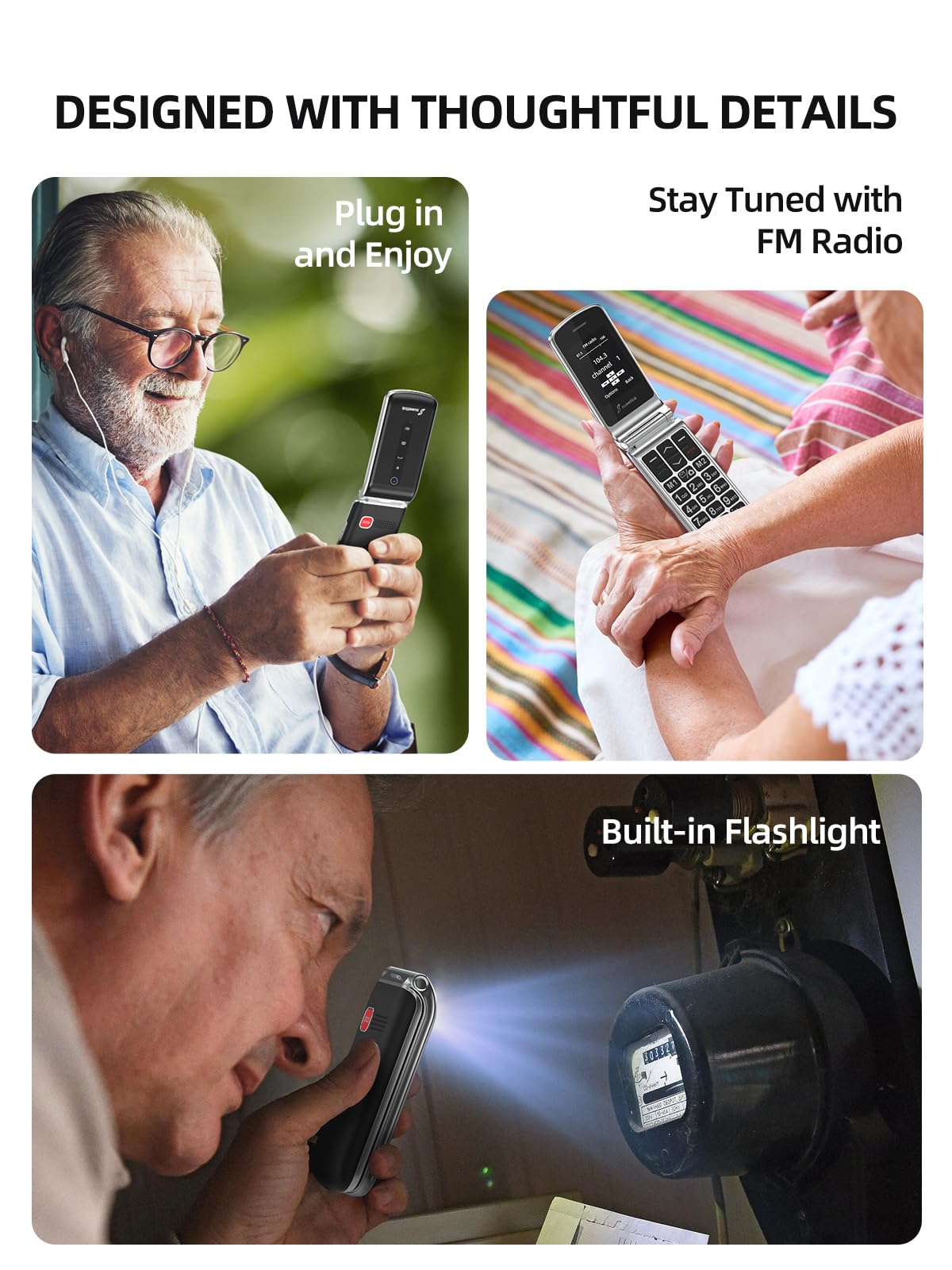 SweetLink Duży Przycisk Telefon Komórkowy dla Seniorów, GSM Flip Telefony Komórkowe Dla Osób Starszych, Głośny Głośność, Funkcja SOS, Wyświetlacz 2,4", Radio FM, Latarka, Kontakty Obrazowe, Czarny