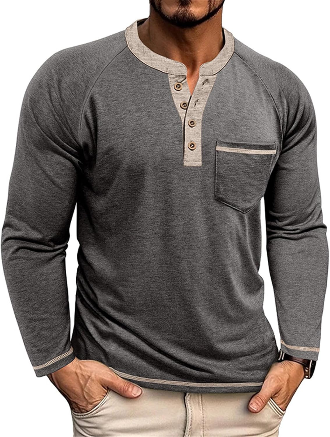 Angbater Mens Long Sleeve Henley T Shirts Casual Lightweight Basic Button Tee Shirts with Pocket