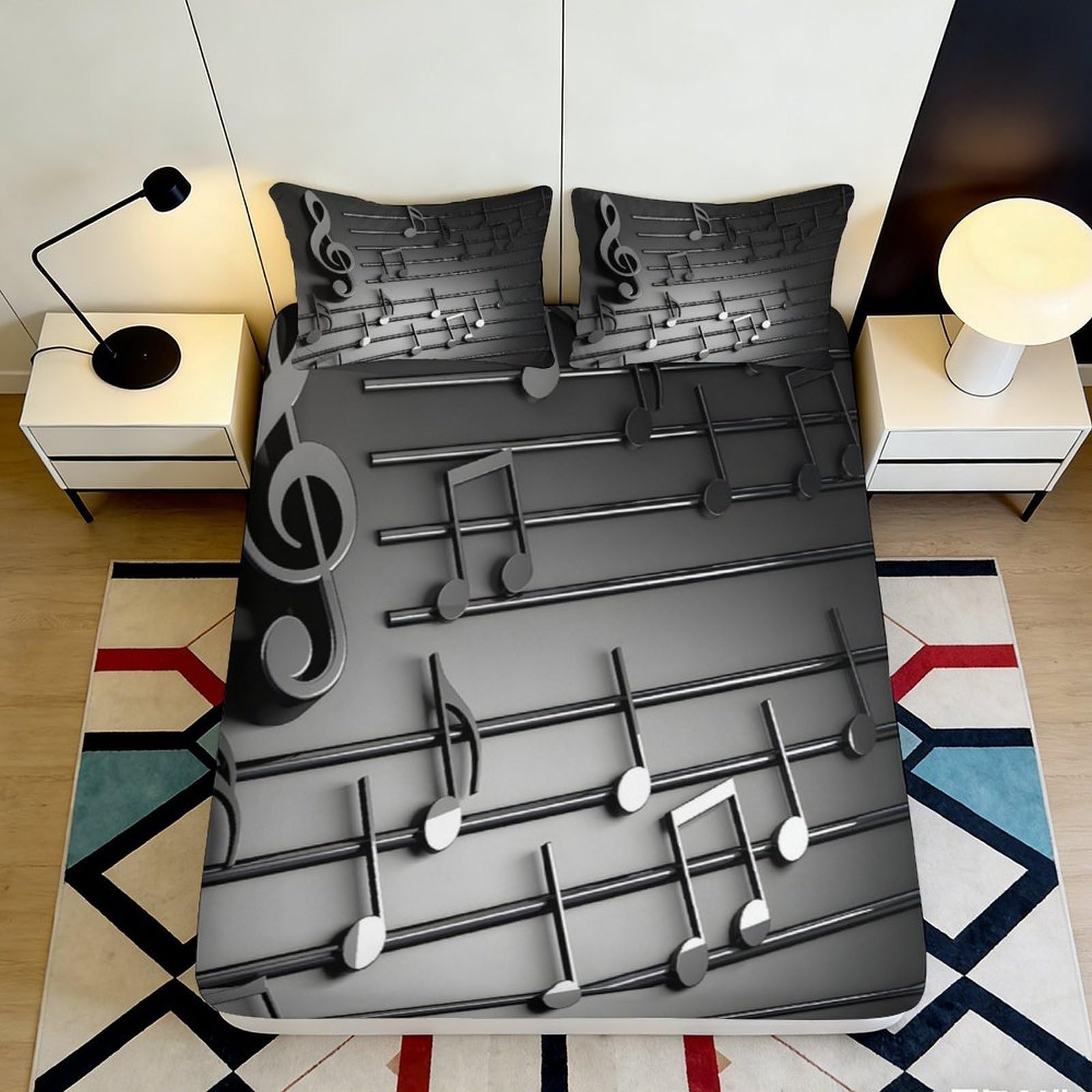 Uynsixtme Style-5 3D Printed Musical Notes Fitted Sheet Microfiber Deep Pocket Non-Slip Bedroom Bedding Music Mattress Fitted Cover Washable Home Use 90X200x25cm