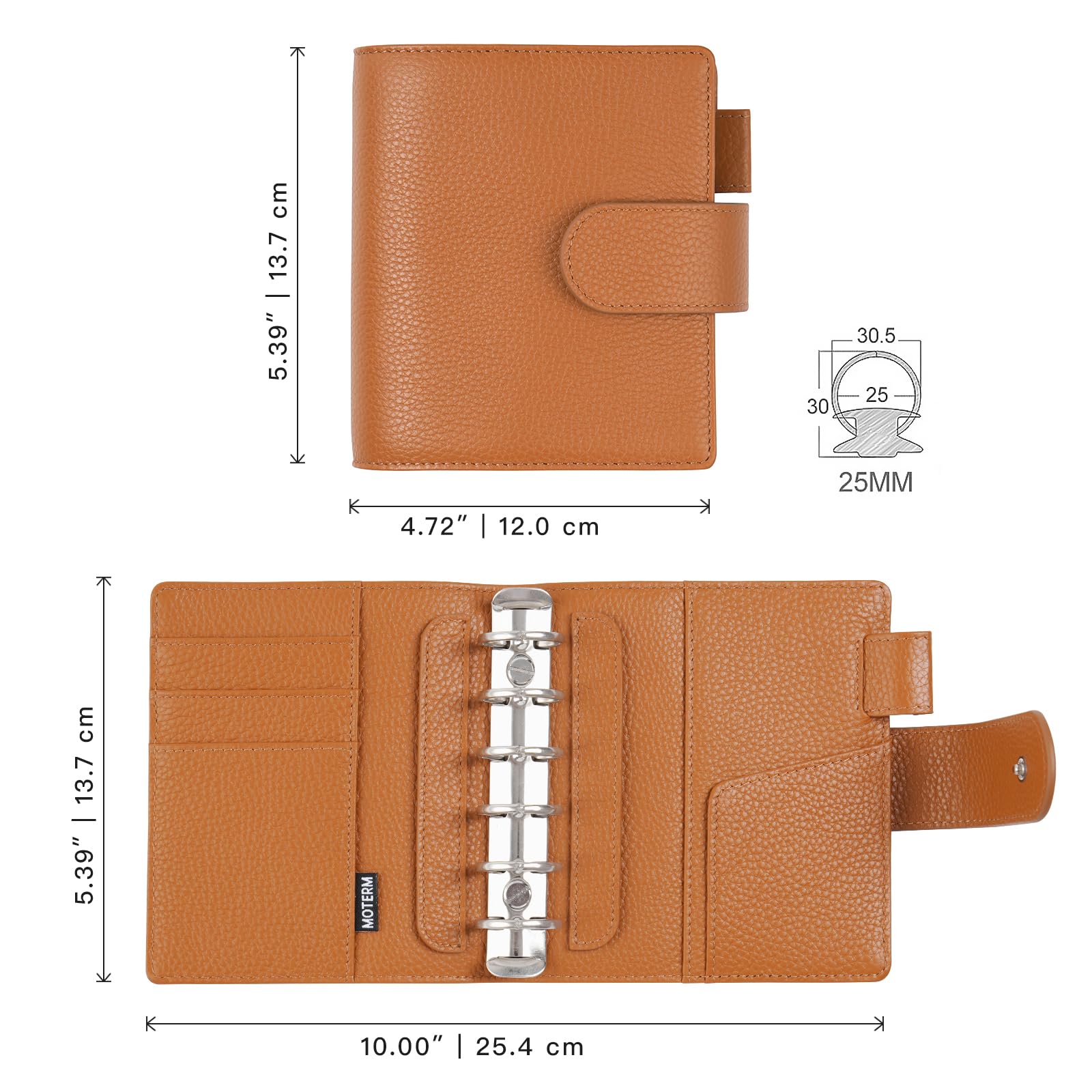 Moterm Elite Agenda Tascabile con Anelli - Cartellina A7 in Vera Pelle Organizer senza Grande Scomparto Posteriore (Ghiaia-Arancio Bruciato, anello da 25mm)