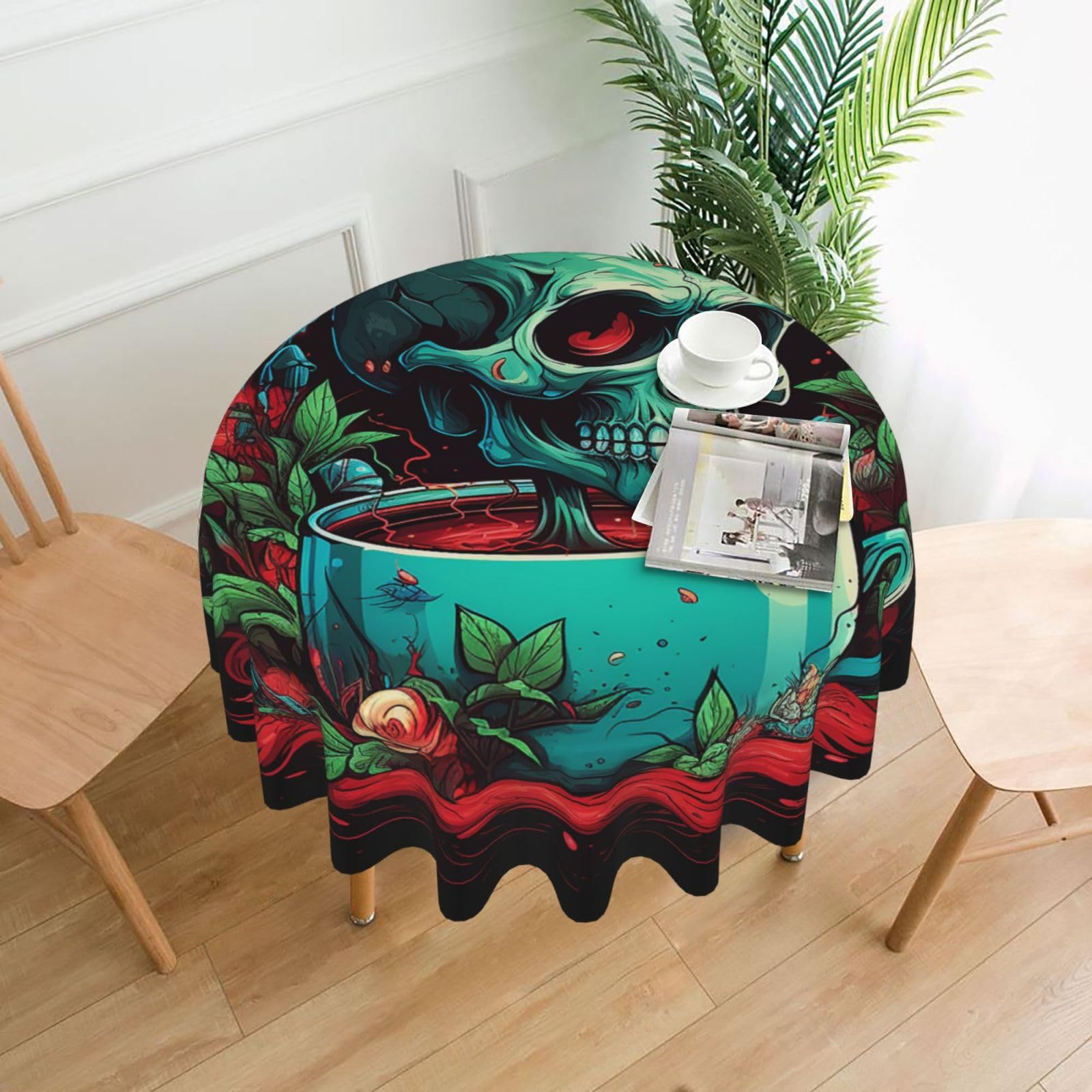 QMKFWT Skull Smoking Printed Round Tablecloth,Dust-Proof Wrinkle Resistant Table Cover Washable Polyester Table Cloth for Kitchen Dining Room Farmhouse Picnic Indoor Outdoor(Round 60 Inch)