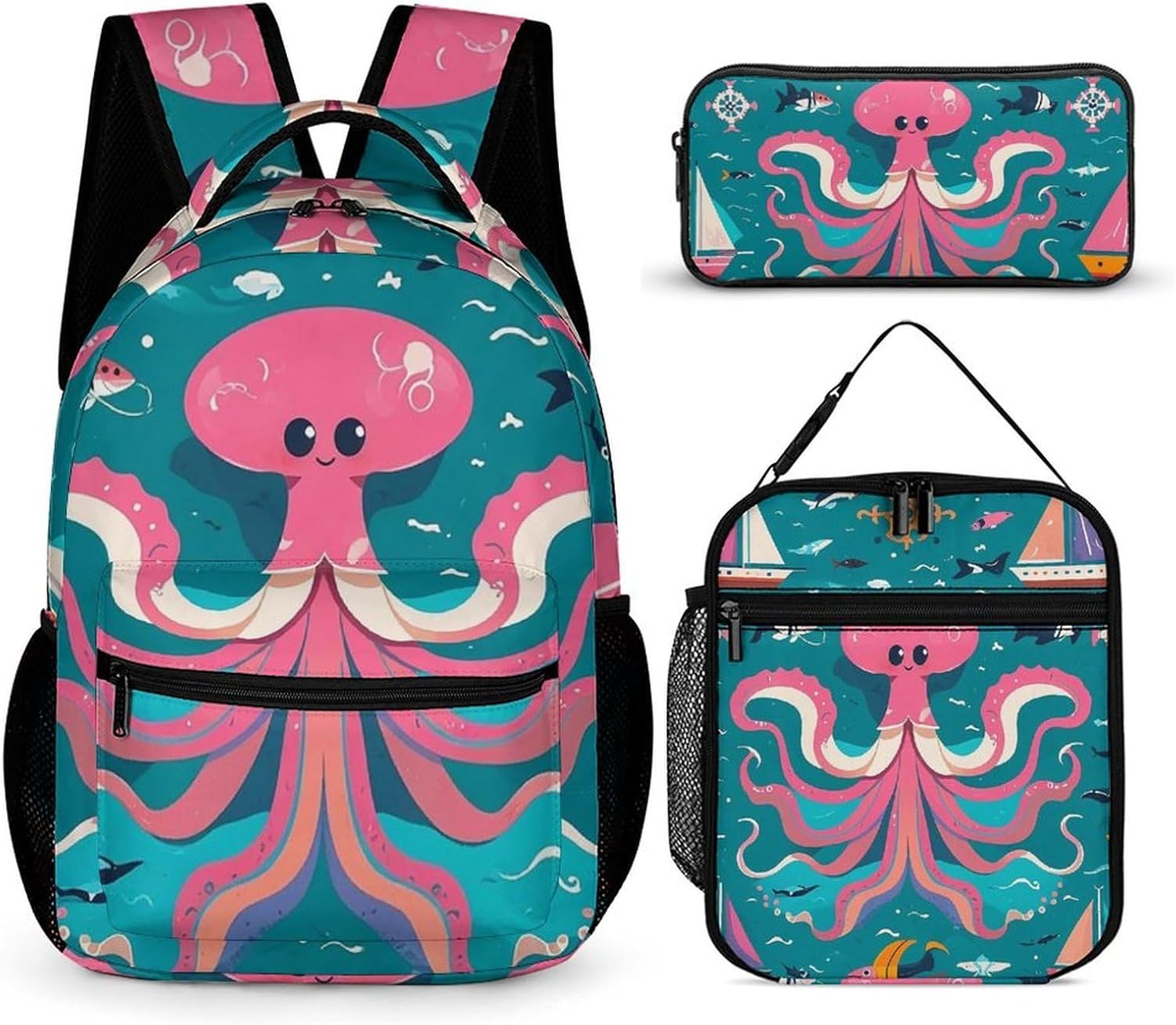 3-in-1 Backpack Set with Lunch Bag & Pencil Case, Marine Creatures for Navigation Backpack with Front Pocket, Insulated Lunch Tote, Large Capacity Pencil Pouch