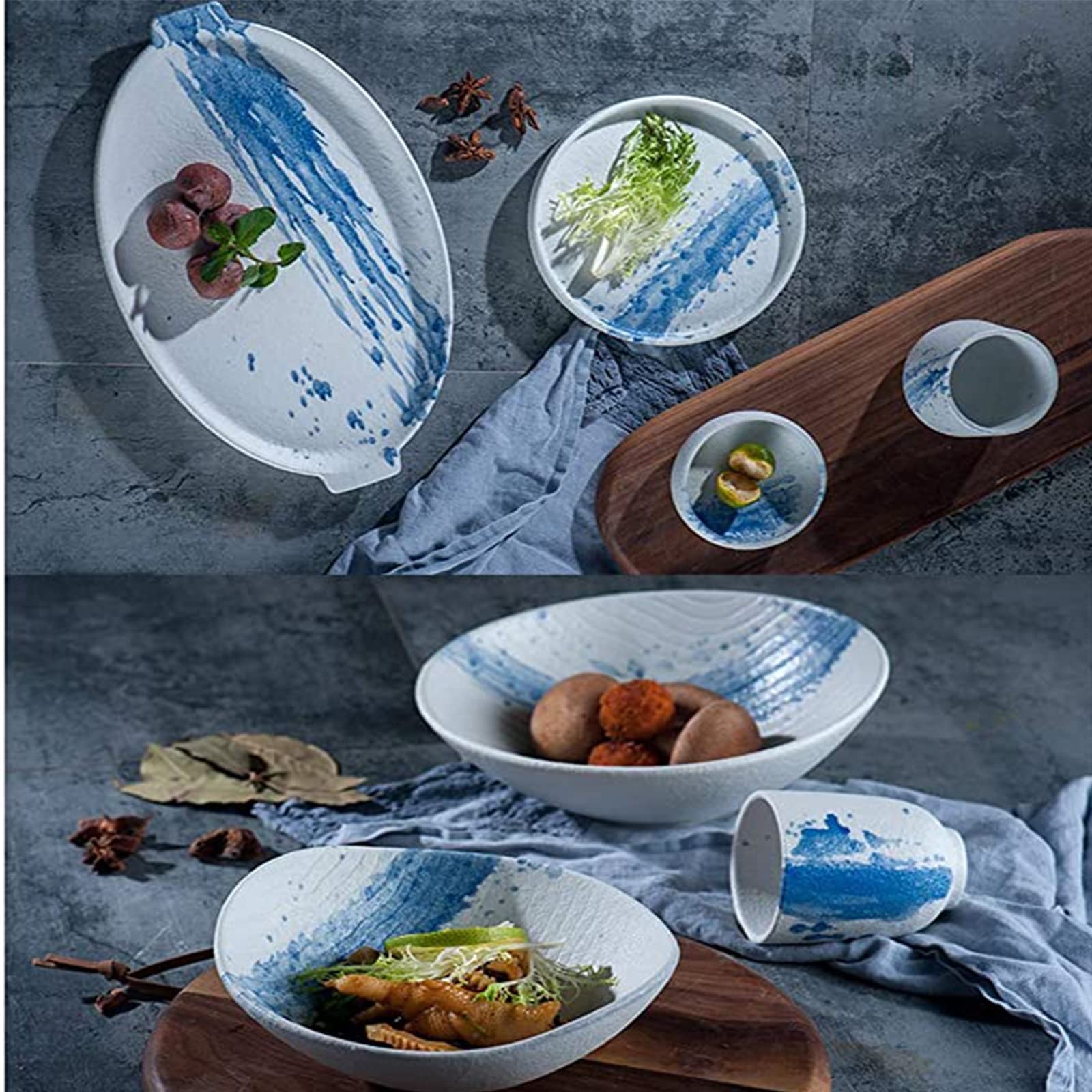 SAeWare Set di stoviglie in ceramica, set di piatti e ciotole per ristorante, 36 pezzi, set combinato di stoviglie con inchiostro blu spruzzato, forma irregolare opaca