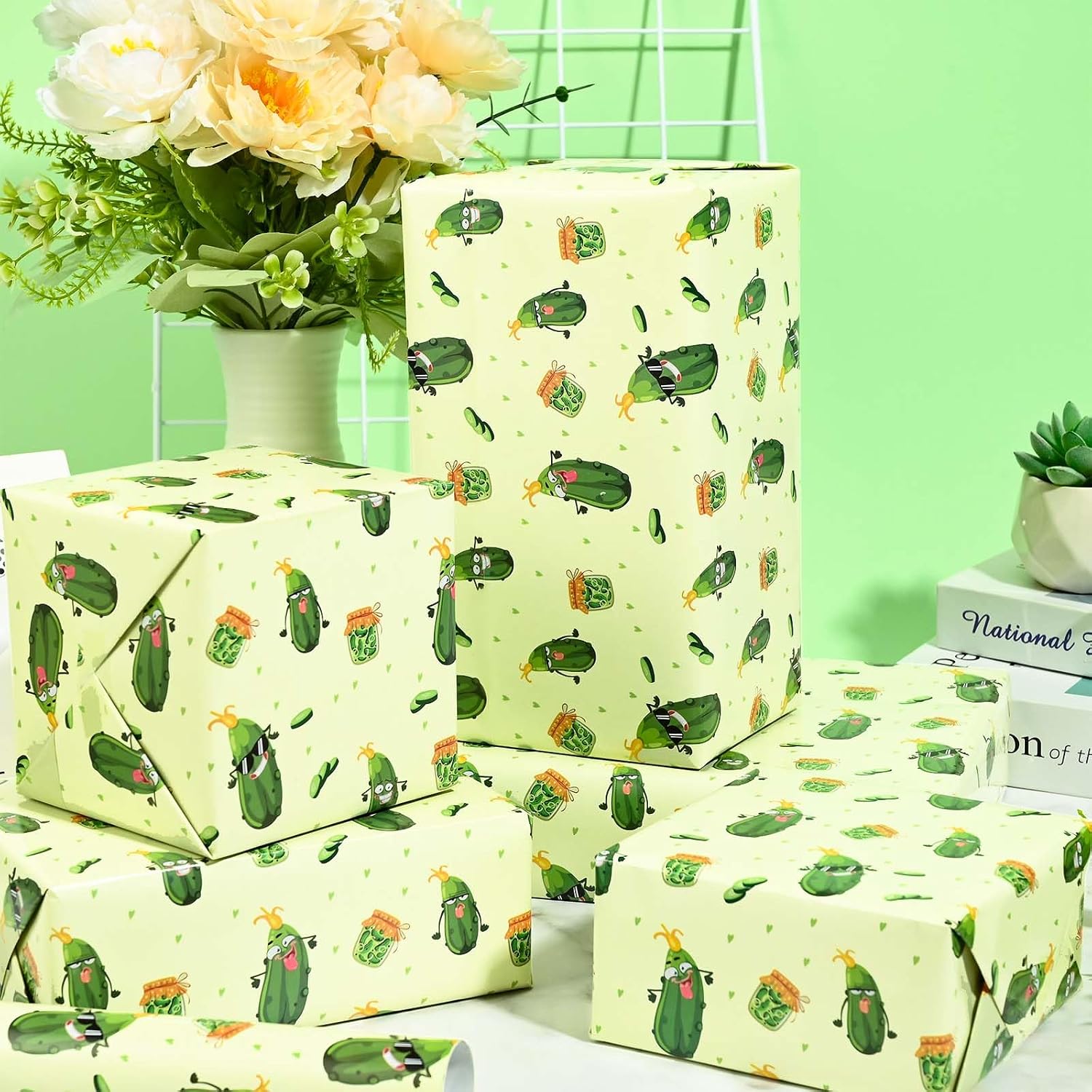 Sanixin 12 Sheets 20 x 28 Inches Cucumber Wrapping Paper Cute Funny Pickle Gift Wrapping Paper for Pickle Themed Birthday Party Decor