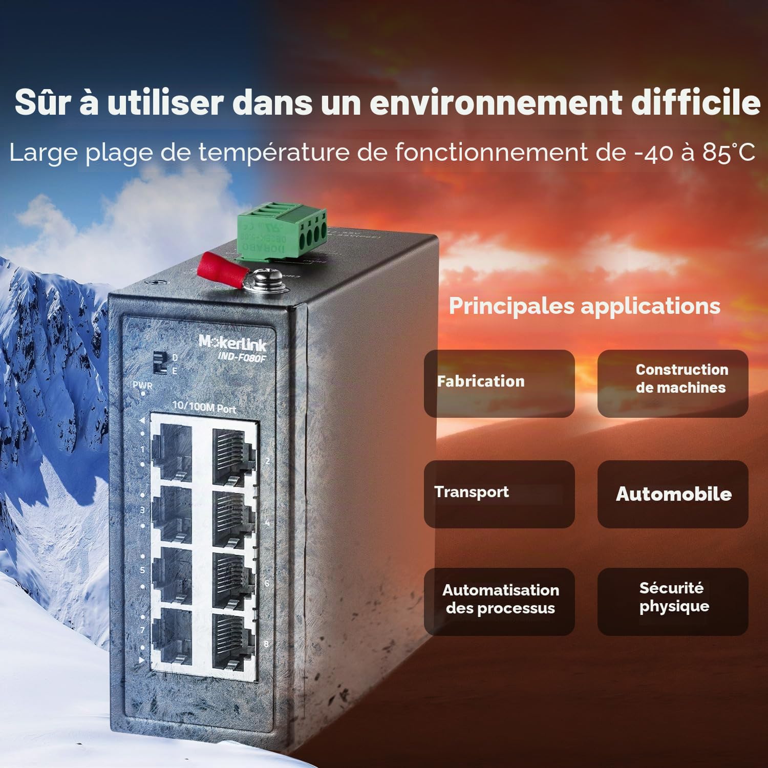 MokerLink Commutateur rail DIN industriel à 8 ports, 8 ports Ethernet 10/100 Mbit/s, portée 250 m, rail DIN en métal et support mural inclus