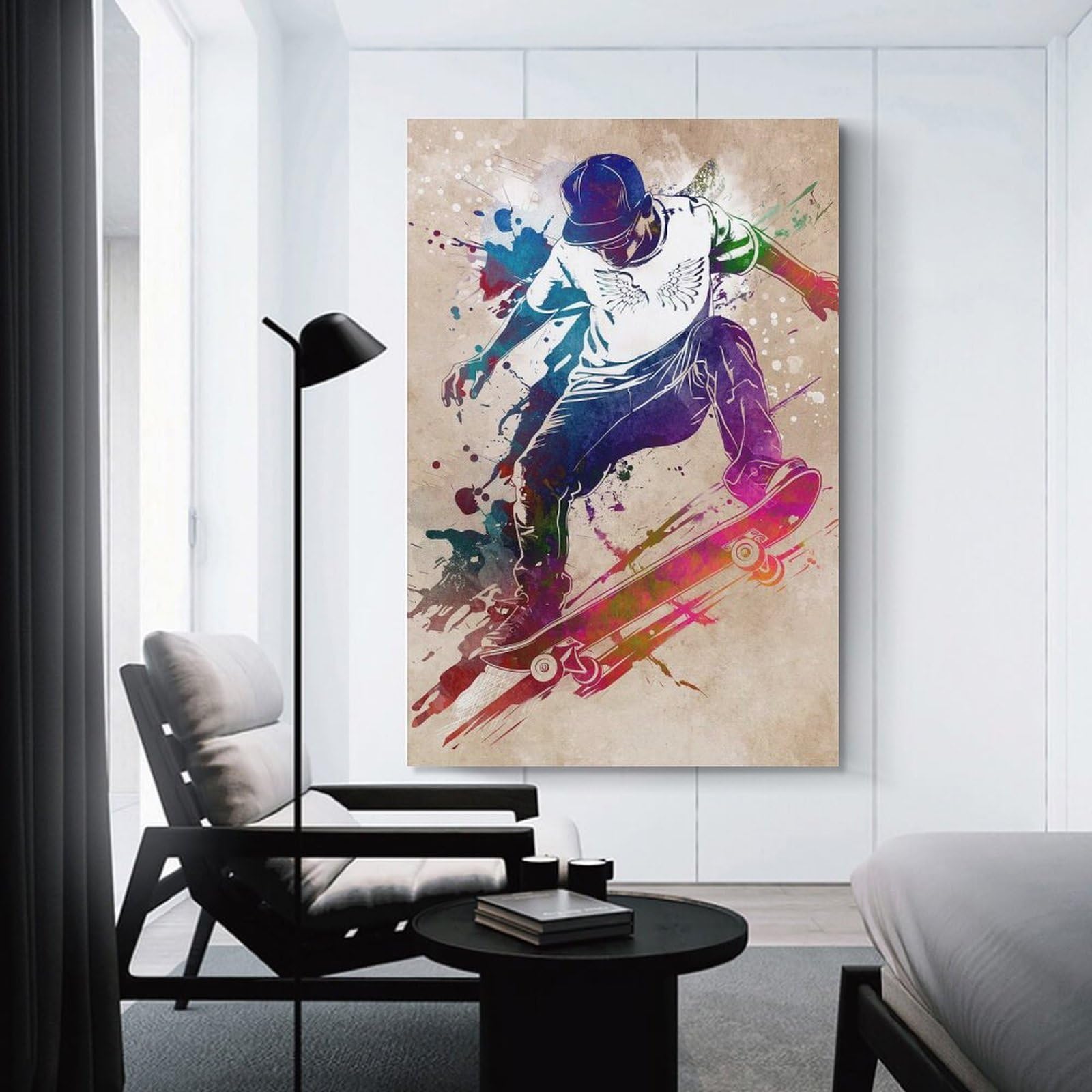 Junmoney Canvas Art Print Skateboarder Watercolor Art, 24x36inch(60x90cm), for Gallery Wall Layouts in Home Or Office, A Versatile Canvas Print for Layering