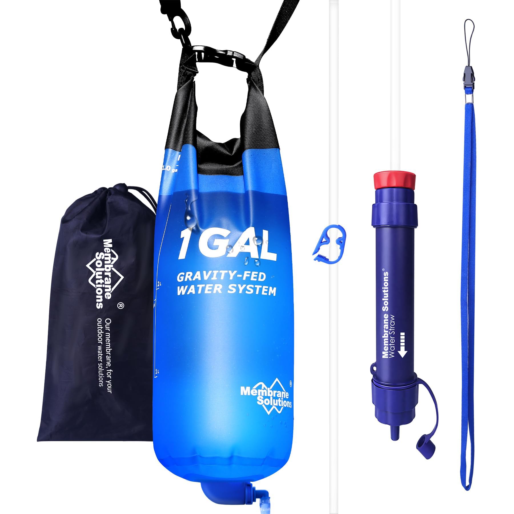 Membrane Solutions Gravity Water Filter 1 Gallon, NSF/ANSI 42&372&401 Certified, 0.1μm Versatile Water Purifier Camping with Adjustable Tree Strap Storage Bag, Survival Gear for Emergency Preparedness