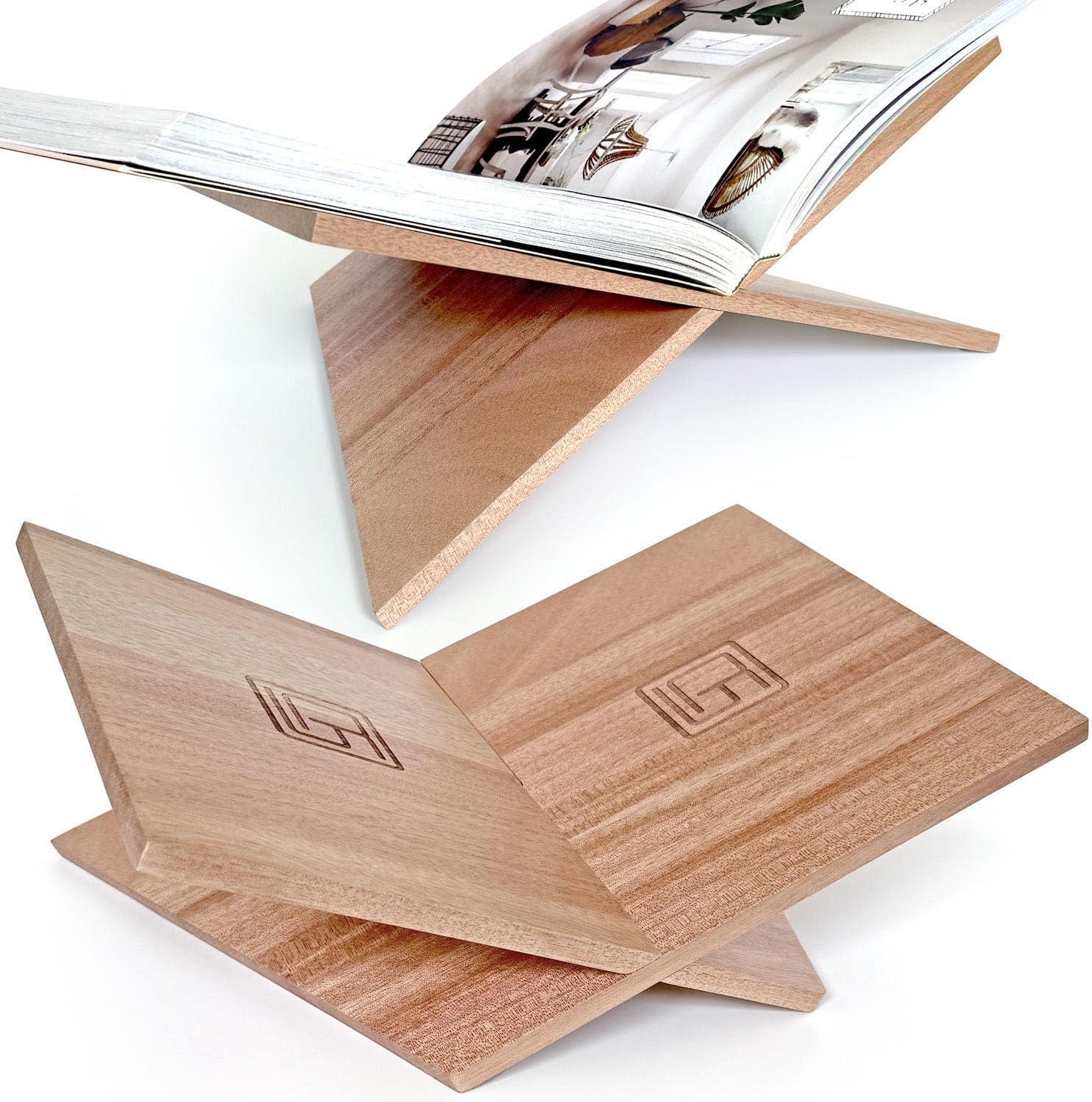 Soporte grande para libros de madera, 12.5 x 9.5 x 5.5 pulgadas, soporte para libros de madera de caoba natural en ángulo, soporte abierto para