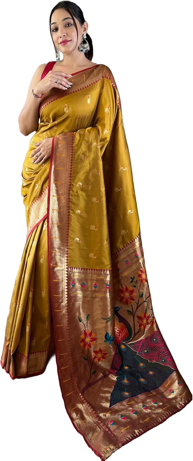 Paithani silk saree with rich contrast weaving pallu and unstitched blouse